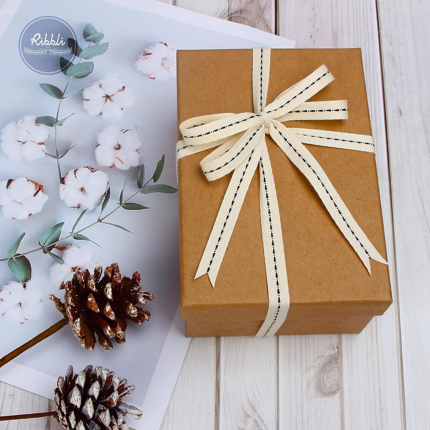 Ribbli Cotton Twill Ribbon,3/8 Inch x 10 Yard Spool,Natural/Black,100% Cotton Stitched Ribbon,Use for Gift Wrapping,Home Decor,Floral Decoration(Natural/Black)