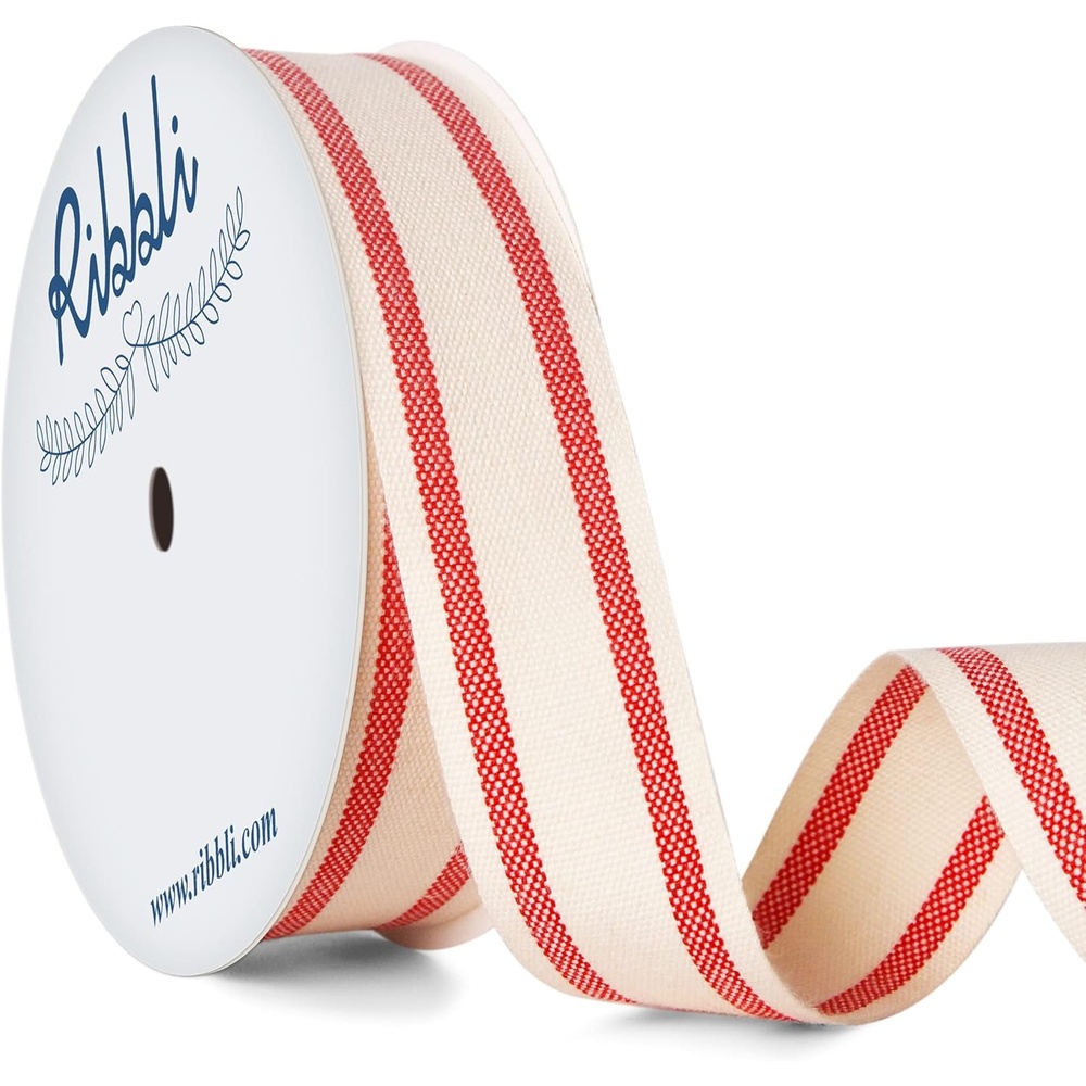 Ribbli Natural Cotton Stripe Ribbon,5/8 Inch x 10 Yard Spool,Natural/Black,Farmhouse Ribbon,Use for Gift Wrapping,Home Decor,Floral Decoration(Red)