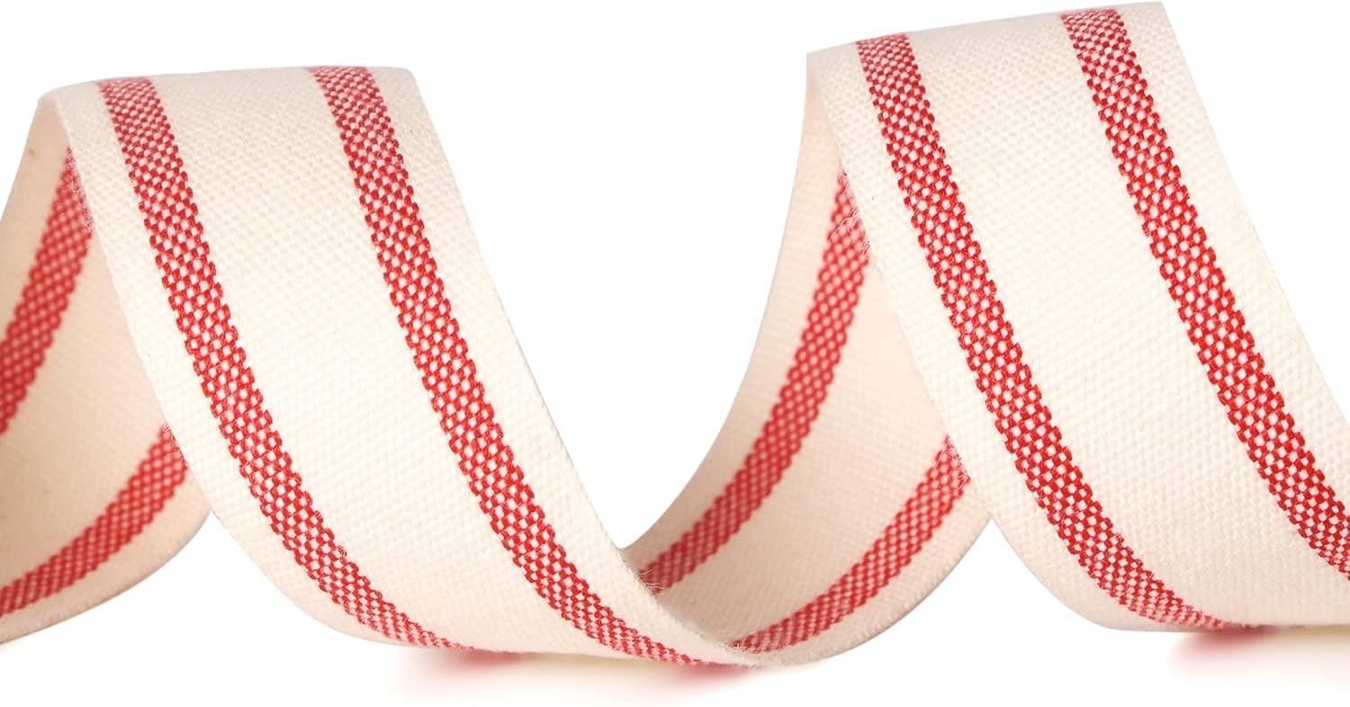 Ribbli Natural Cotton Stripe Ribbon,5/8 Inch x 10 Yard Spool,Natural/Black,Farmhouse Ribbon,Use for Gift Wrapping,Home Decor,Floral Decoration(Red)