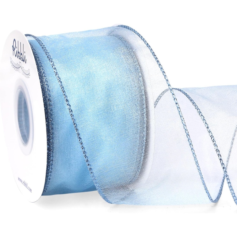Ribbli Blue Organza Wired Ribbon, Baby Blue Sheer with Metallic Edge,2-1/2 Inch x 20 Yards Christmas Tree Ribbon for Decoration Gift Wrapping Wedding Crafts(Light Blue)