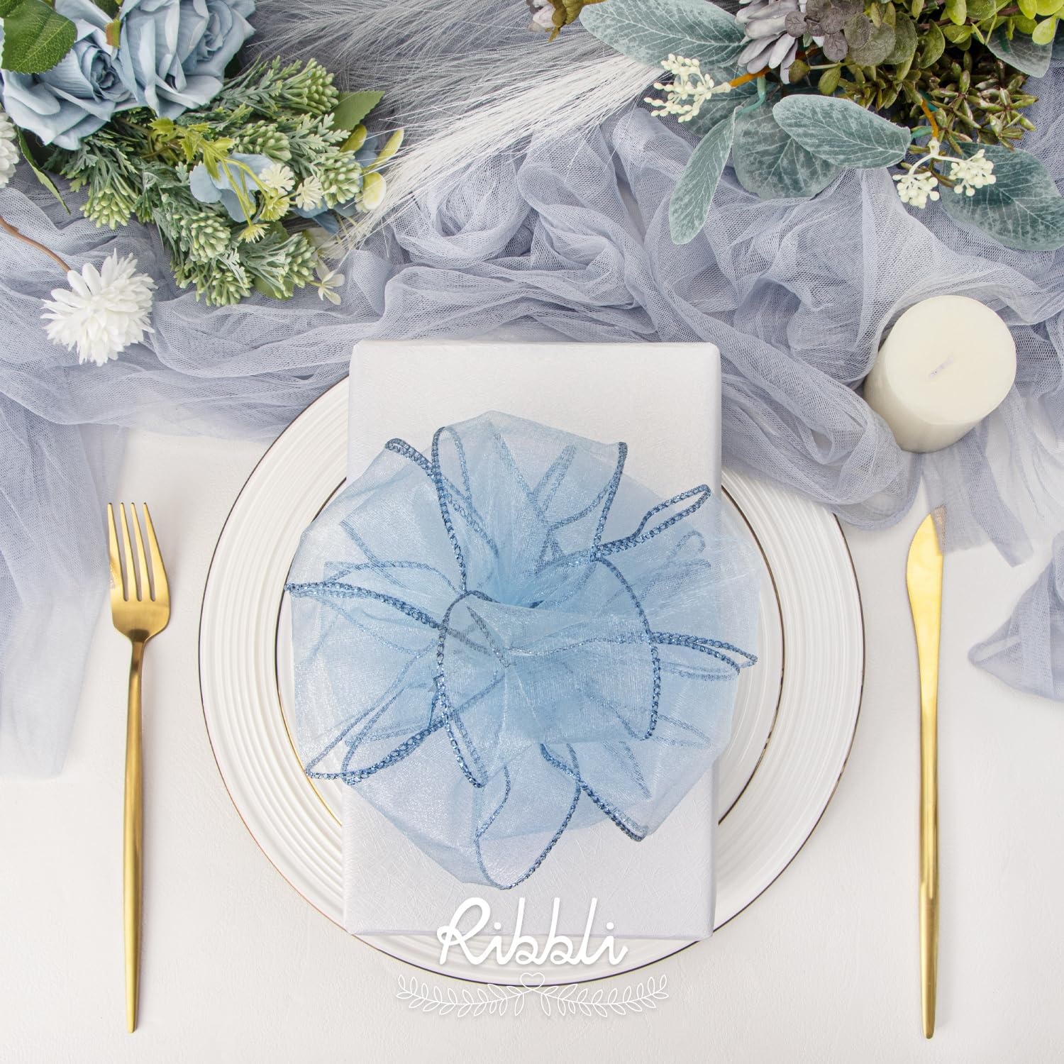 Ribbli Blue Organza Wired Ribbon, Baby Blue Sheer with Metallic Edge,2-1/2 Inch x 20 Yards Christmas Tree Ribbon for Decoration Gift Wrapping Wedding Crafts(Light Blue)