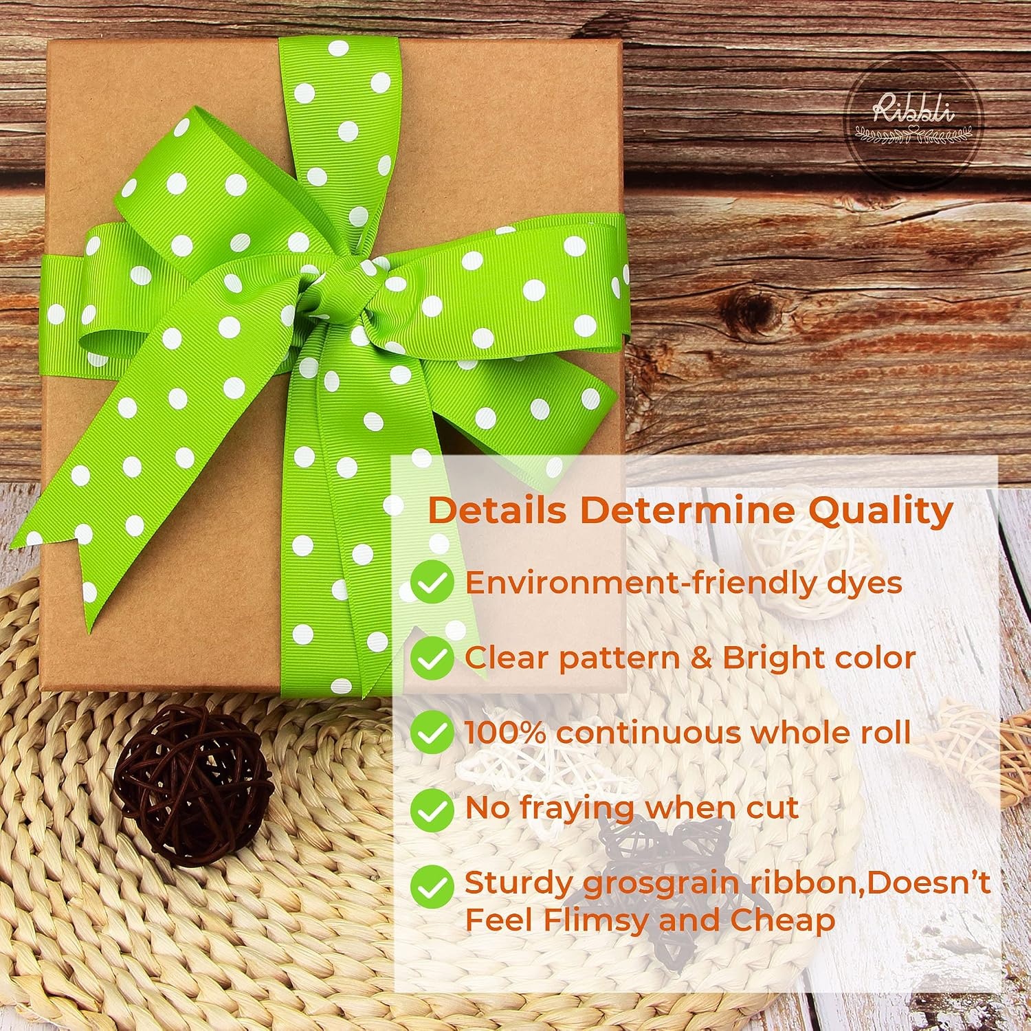 Ribbli Grosgrain Polka Dot Craft Ribbon,1-1/2 Inch,10-Yard Spool,Apple Green with White Dots,Use for Hair Bows,Gift Wrapping,All Crafting and Sewing(Apple Green/White)