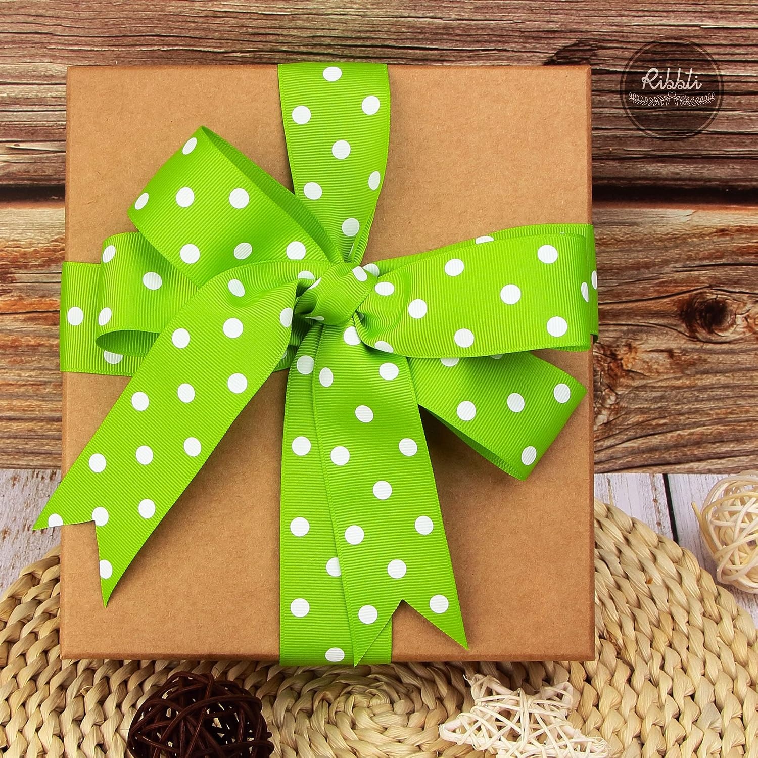 Ribbli Grosgrain Polka Dot Craft Ribbon,1-1/2 Inch,10-Yard Spool,Apple Green with White Dots,Use for Hair Bows,Gift Wrapping,All Crafting and Sewing(Apple Green/White)