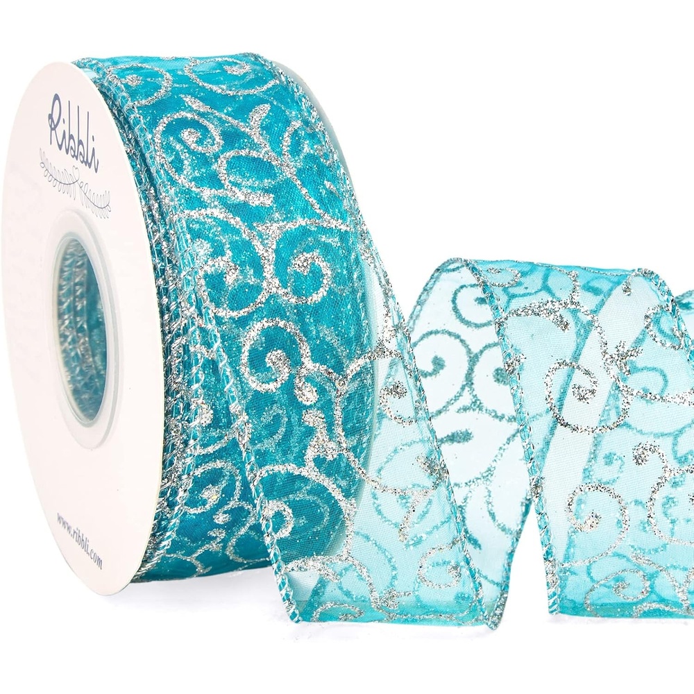 Ribbli Swirl Glitter Wired Ribbon, Turquoise Blue Organza Sheer Ribbon with Silver Glitter Swirl Pattern,1-1/2 Inch x 20Yards Christmas Ribbon for Crafts,Wreaths,Gift Wrapping