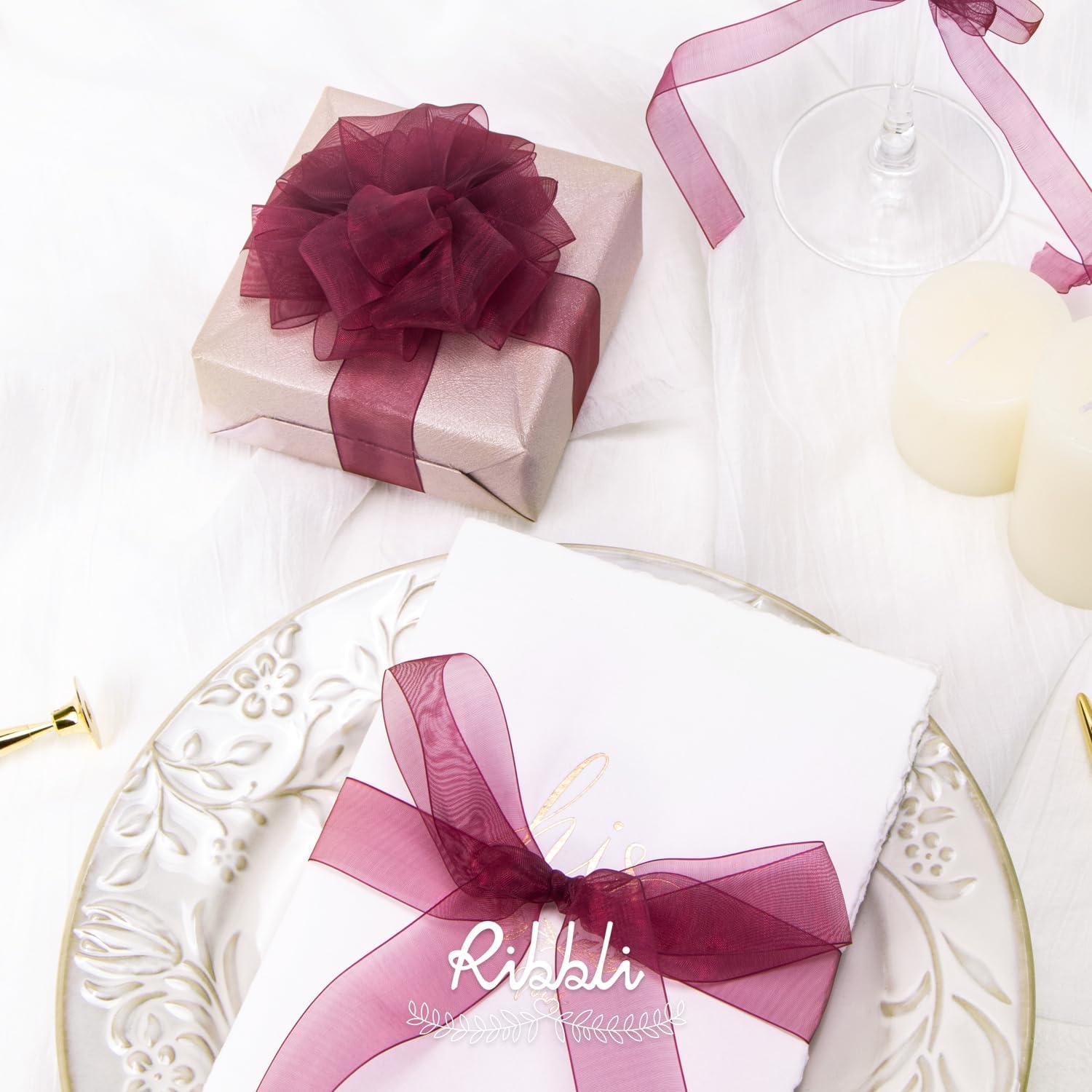 Ribbli Champagne Organza Ribbon,1/2 Inches x Continuous 50 Yard, Champagne Sheer Ribbon for Gift Wrapping,Cookie Wrapping,Wedding Decoration,All Crafting and Sewing(Wine)