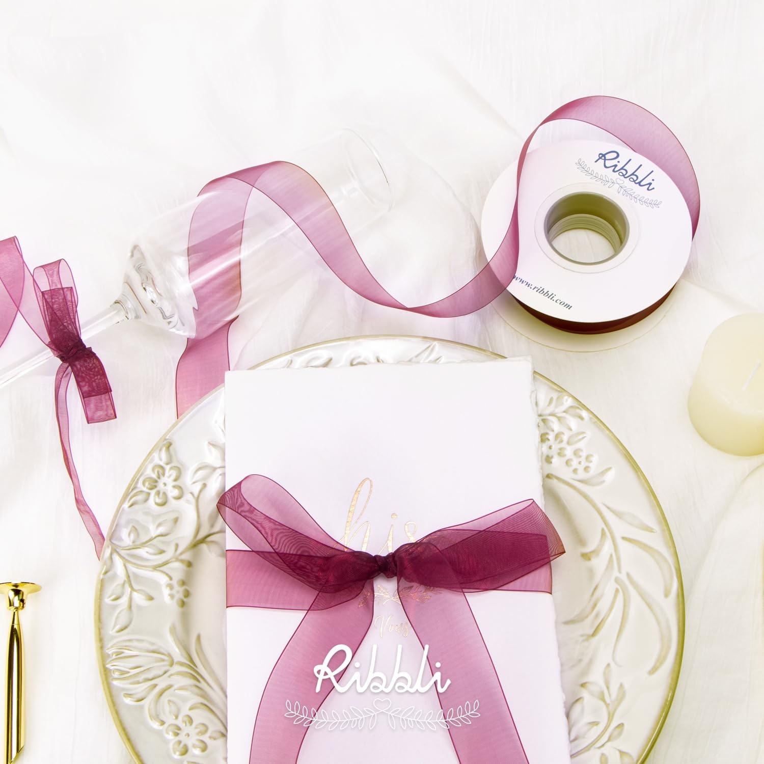 Ribbli Champagne Organza Ribbon,1/2 Inches x Continuous 50 Yard, Champagne Sheer Ribbon for Gift Wrapping,Cookie Wrapping,Wedding Decoration,All Crafting and Sewing(Wine)