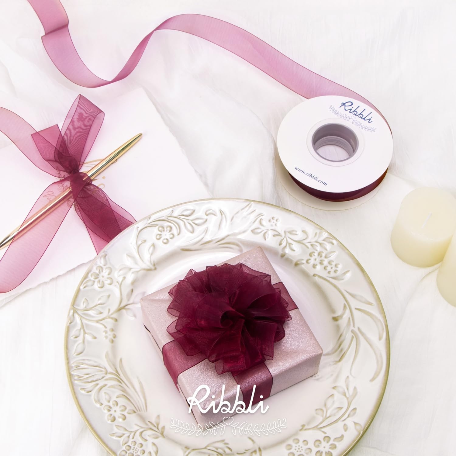 Ribbli Champagne Organza Ribbon,1/2 Inches x Continuous 50 Yard, Champagne Sheer Ribbon for Gift Wrapping,Cookie Wrapping,Wedding Decoration,All Crafting and Sewing(Wine)