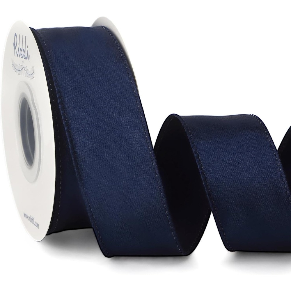 Ribbli Black Satin Wired Ribbon 2.5 Inch Black Christmas Ribbon for Gift Wrapping Wreaths Garland Tree Decoration Crafts Home Decor-Continous 20 Yards(Navy)