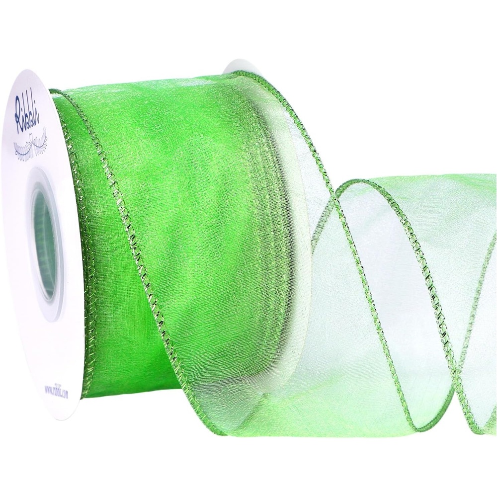 Ribbli Blue Organza Wired Ribbon, Baby Blue Sheer with Metallic Edge,2-1/2 Inch x 20 Yards Christmas Tree Ribbon for Decoration Gift Wrapping Wedding Crafts(Lime Green)