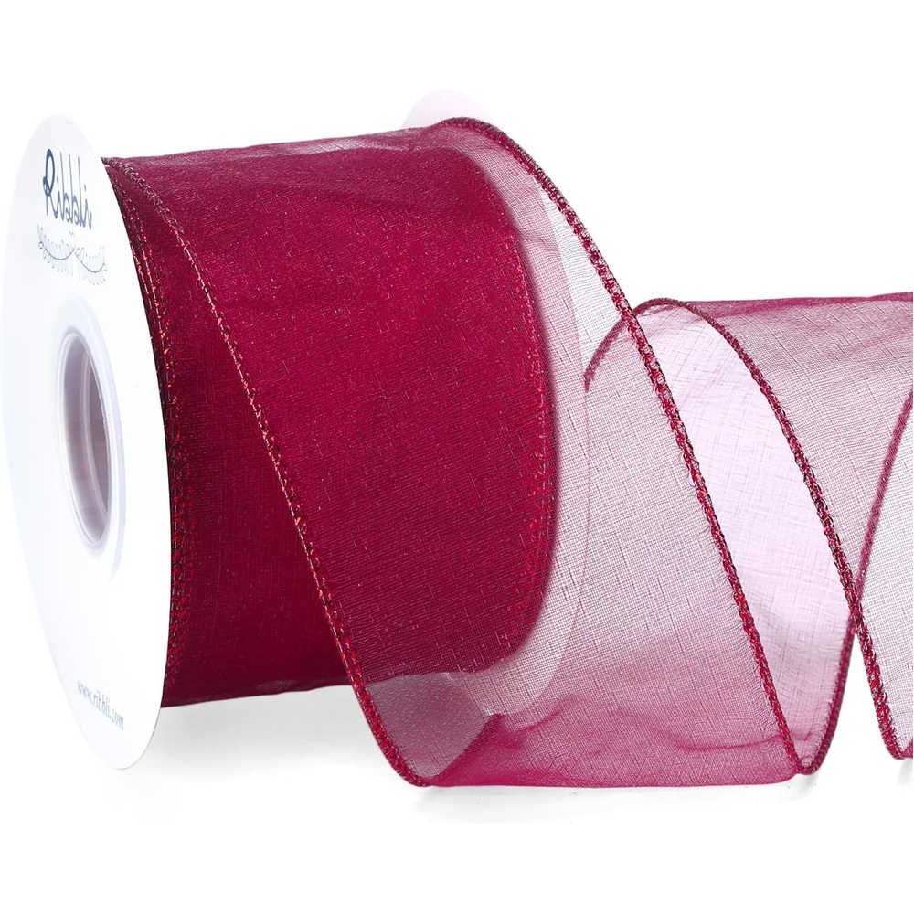 Ribbli Blue Organza Wired Ribbon, Baby Blue Sheer with Metallic Edge,2-1/2 Inch x 20 Yards Christmas Tree Ribbon for Decoration Gift Wrapping Wedding Crafts(Burgundy)