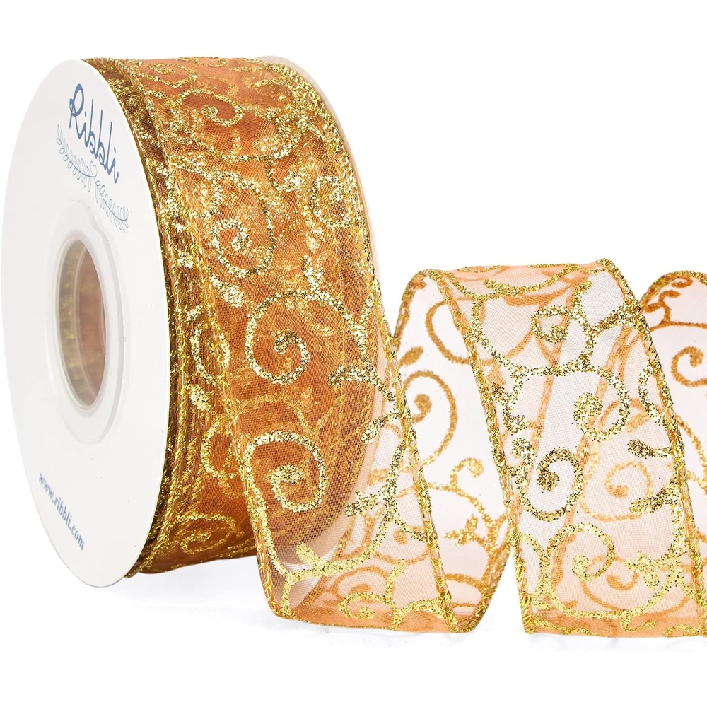 Ribbli Swirl Glitter Wired Ribbon, Rose Gold Organza Sheer Ribbon with Gold Glitter Swirl Pattern,1-1/2 Inch x 20Yards Christmas Ribbon for Crafts,Wreaths,Gift Wrapping