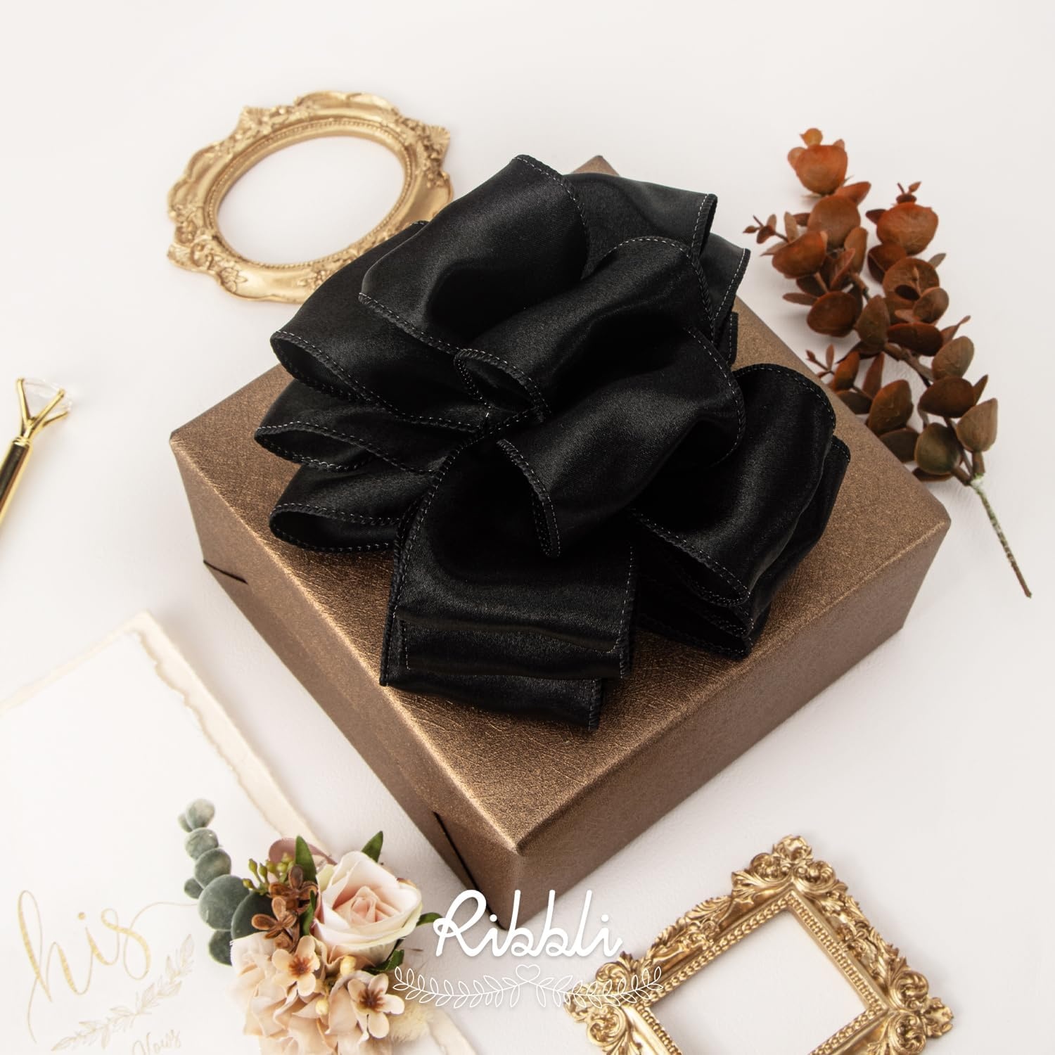 Ribbli Black Satin Wired Ribbon 2.5 Inch Black Christmas Ribbon for Gift Wrapping Wreaths Garland Tree Decoration Crafts Home Decor-Continous 20 Yards(Black)