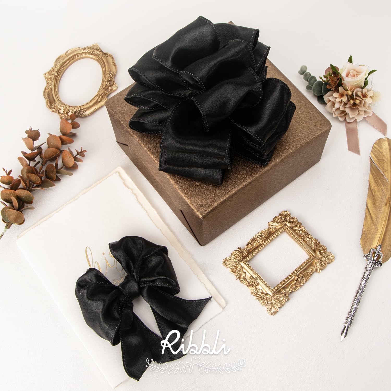 Ribbli Black Satin Wired Ribbon 2.5 Inch Black Christmas Ribbon for Gift Wrapping Wreaths Garland Tree Decoration Crafts Home Decor-Continous 20 Yards(Black)