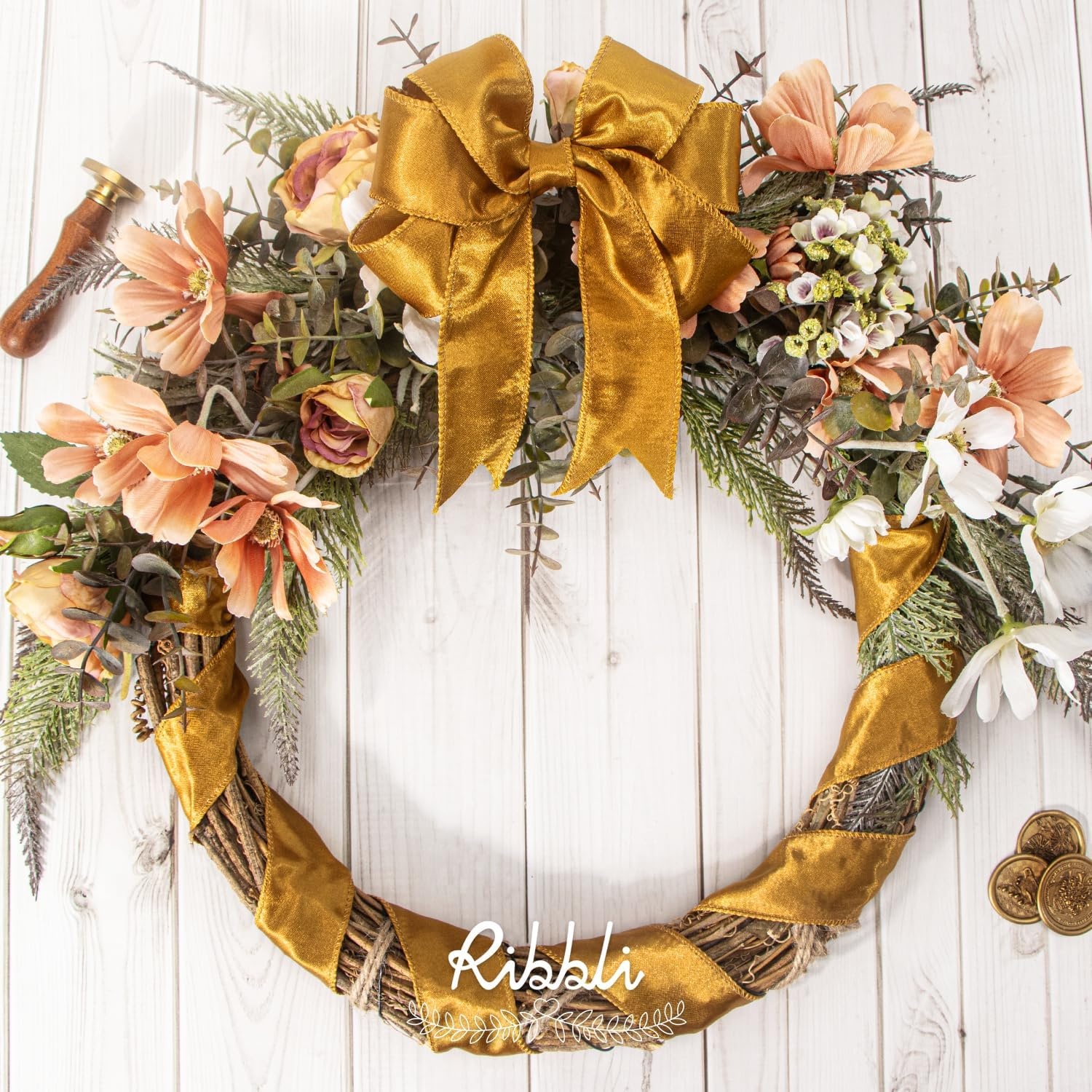 Ribbli Black Satin Wired Ribbon 2.5 Inch Black Christmas Ribbon for Gift Wrapping Wreaths Garland Tree Decoration Crafts Home Decor-Continous 20 Yards(Antique Gold)