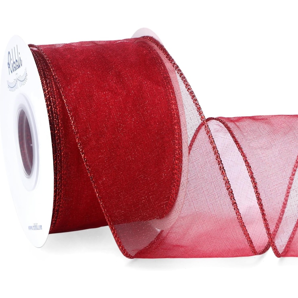 Ribbli Black Organza Wired Ribbon, Black Sheer with Metallic Edge,2-1/2 Inch x 20 Yards Christmas Tree Ribbon for Decoration Gift Wrapping Wedding Crafts(Dark Red)