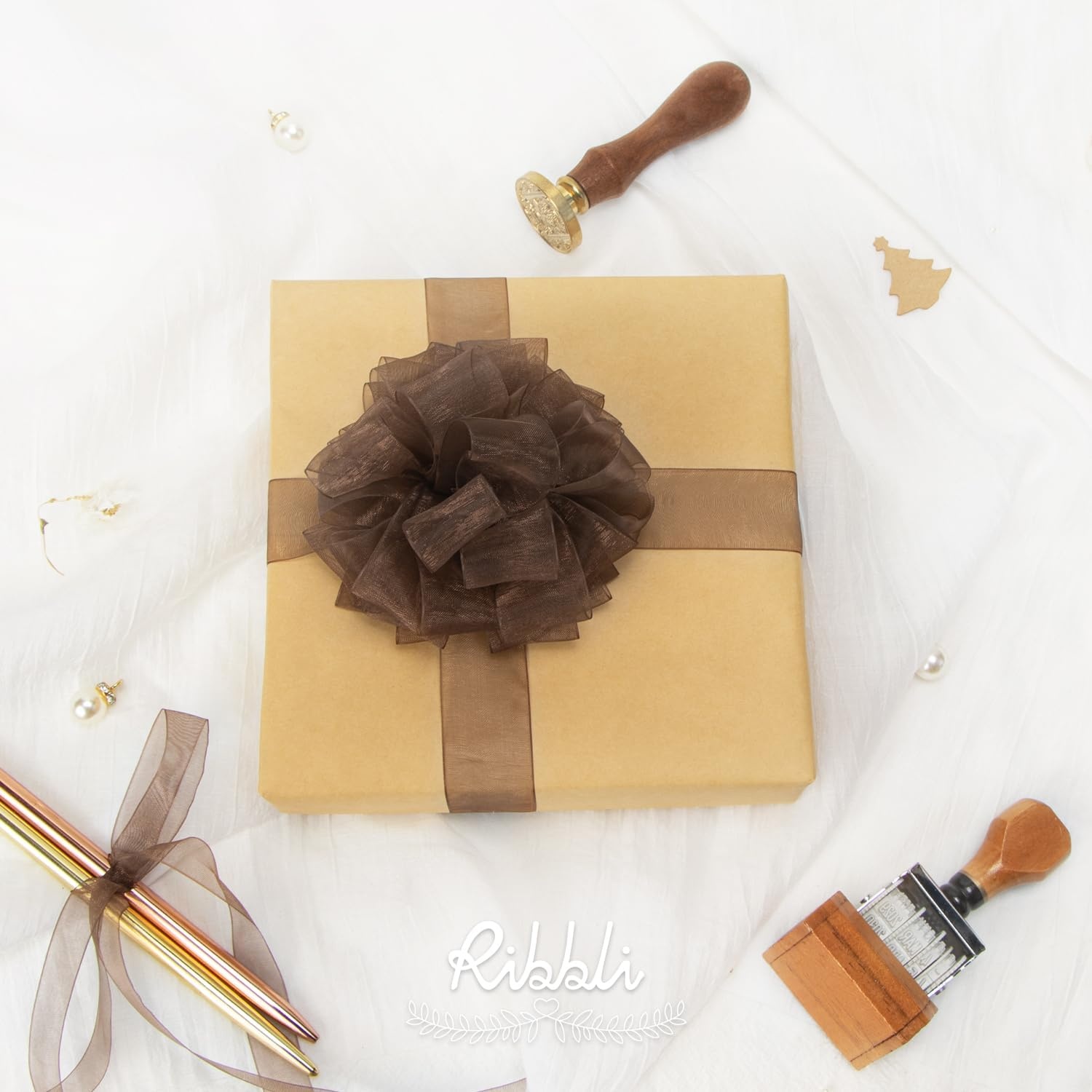 Ribbli Champagne Organza Ribbon,1/2 Inches x Continuous 50 Yard, Champagne Sheer Ribbon for Gift Wrapping,Cookie Wrapping,Wedding Decoration,All Crafting and Sewing(Brown)