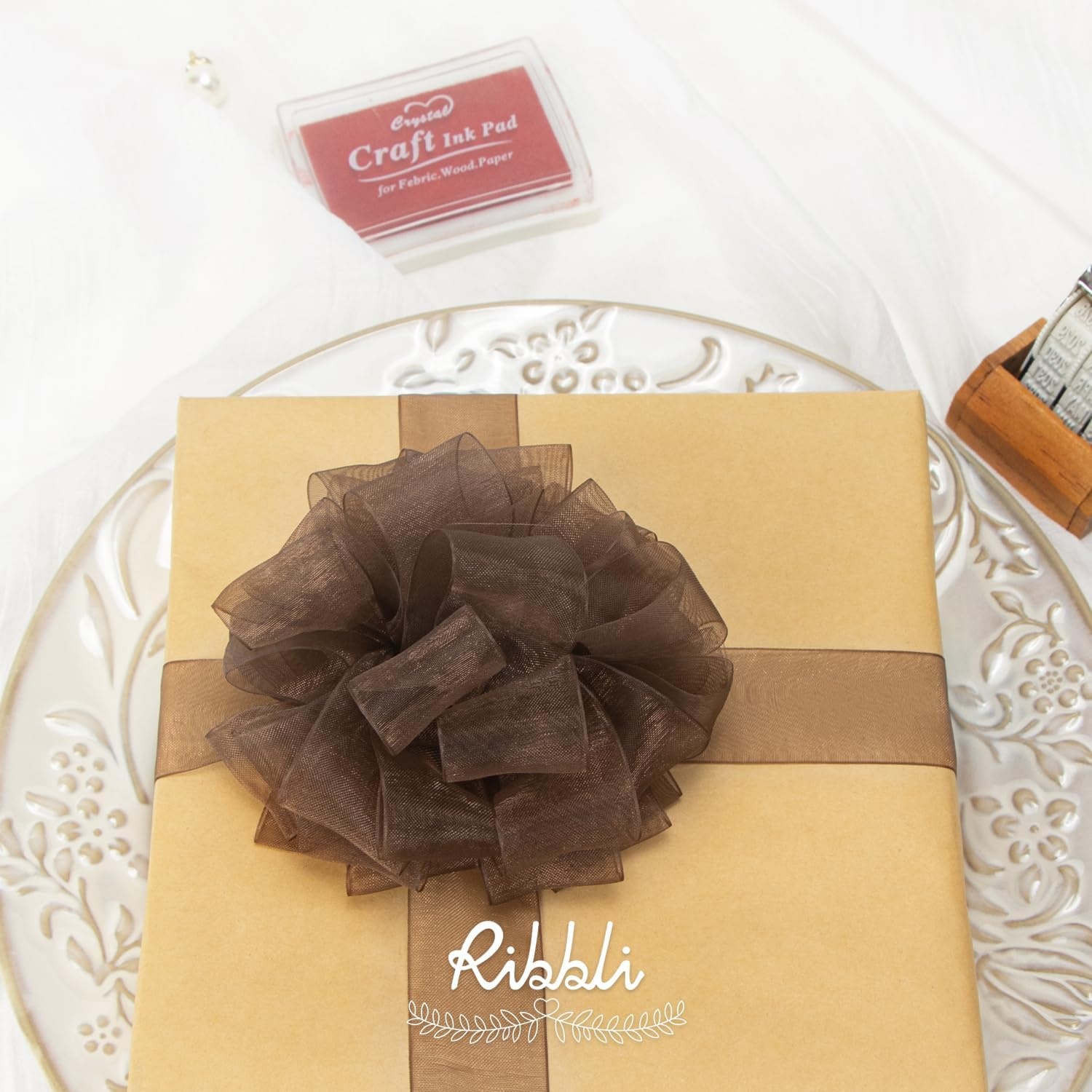 Ribbli Champagne Organza Ribbon,1/2 Inches x Continuous 50 Yard, Champagne Sheer Ribbon for Gift Wrapping,Cookie Wrapping,Wedding Decoration,All Crafting and Sewing(Brown)