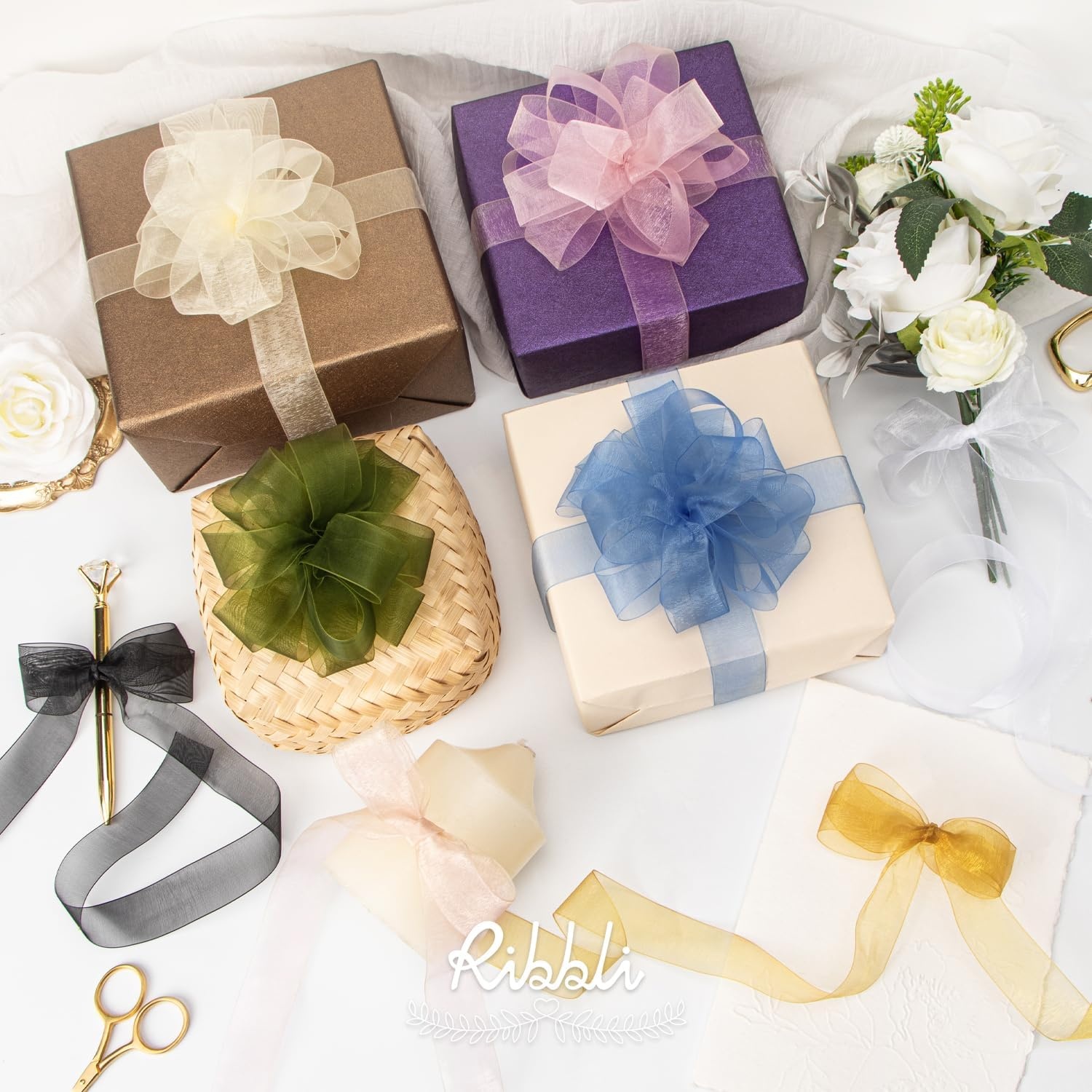 Ribbli Champagne Organza Ribbon,1/2 Inches x Continuous 50 Yard, Champagne Sheer Ribbon for Gift Wrapping,Cookie Wrapping,Wedding Decoration,All Crafting and Sewing(Moss Green)