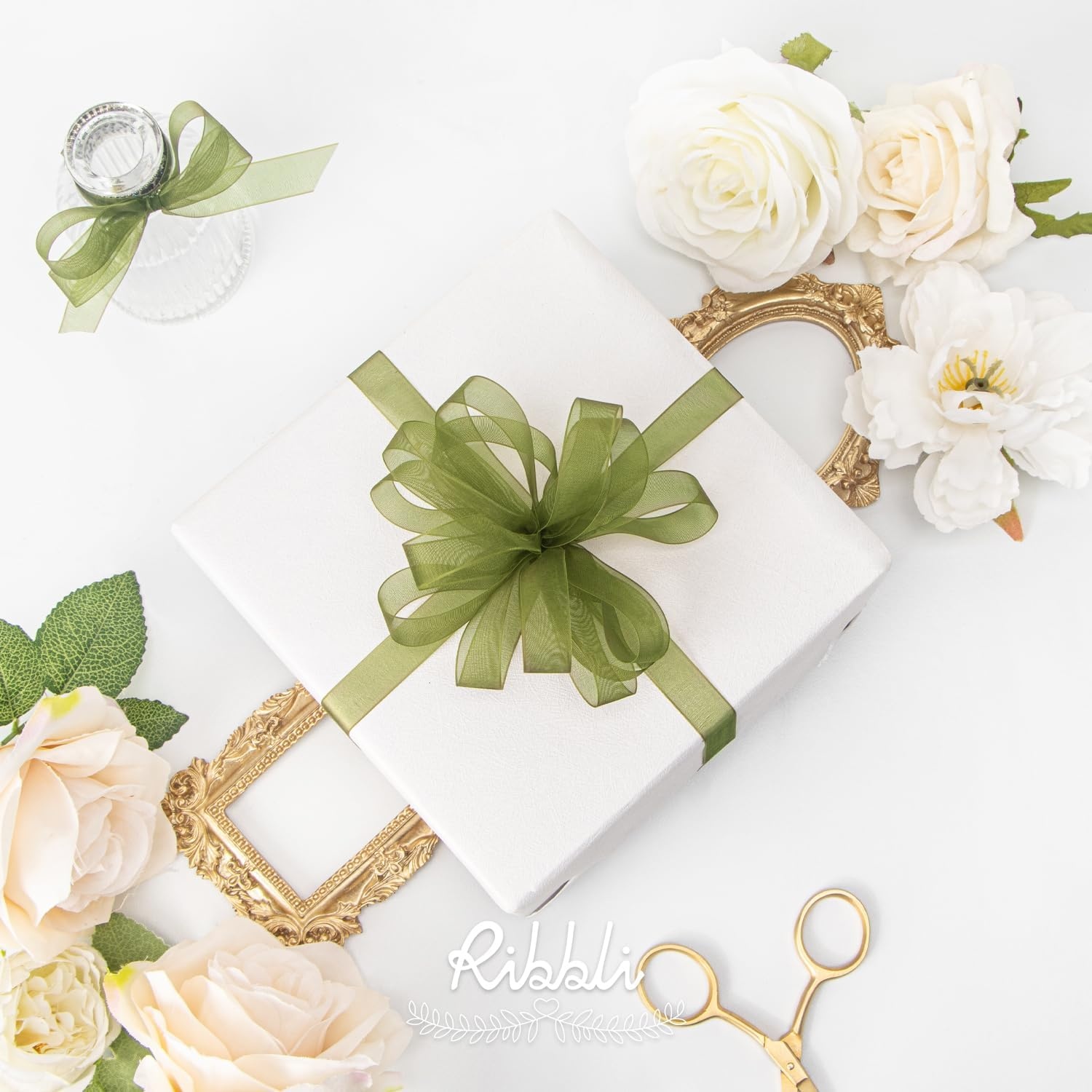 Ribbli Champagne Organza Ribbon,1/2 Inches x Continuous 50 Yard, Champagne Sheer Ribbon for Gift Wrapping,Cookie Wrapping,Wedding Decoration,All Crafting and Sewing(Moss Green)