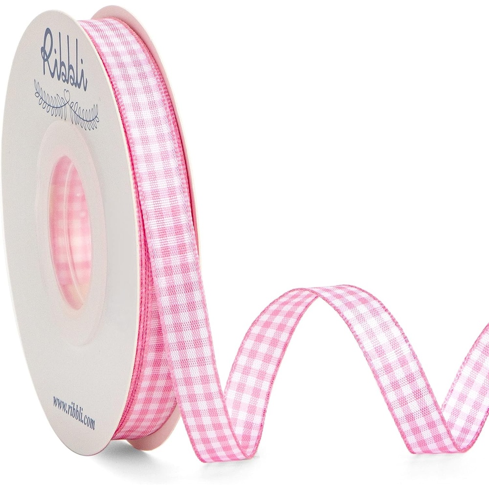 Ribbli Black and White Gingham Ribbon,3/8 Inches x Continuous 25 Yards,100% Polyester Woven Edge,Plaid Ribbon,Check Ribbon,Buffalo Checked (Black 1)(Light Pink/White)
