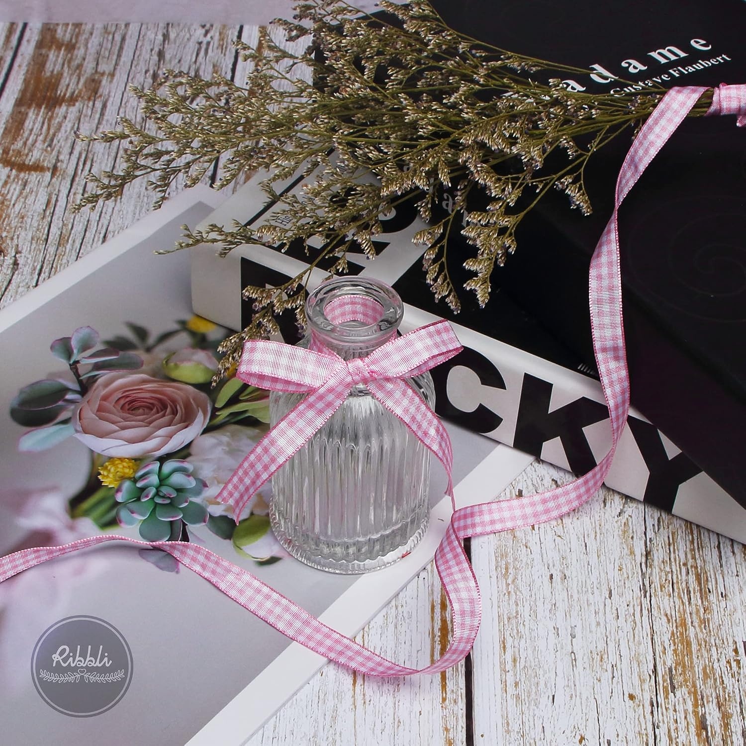Ribbli Black and White Gingham Ribbon,3/8 Inches x Continuous 25 Yards,100% Polyester Woven Edge,Plaid Ribbon,Check Ribbon,Buffalo Checked (Black 1)(Light Pink/White)
