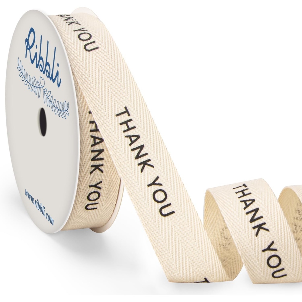 Ribbli Birthday Cotton Ribbon Natural Twill Tape Cotton with Black Happy Birthday Farmhouse Ribbon Use for Gift Wrapping Baking Crafts Home Decor-5/8 Inch x 10 Yard(Thank You)