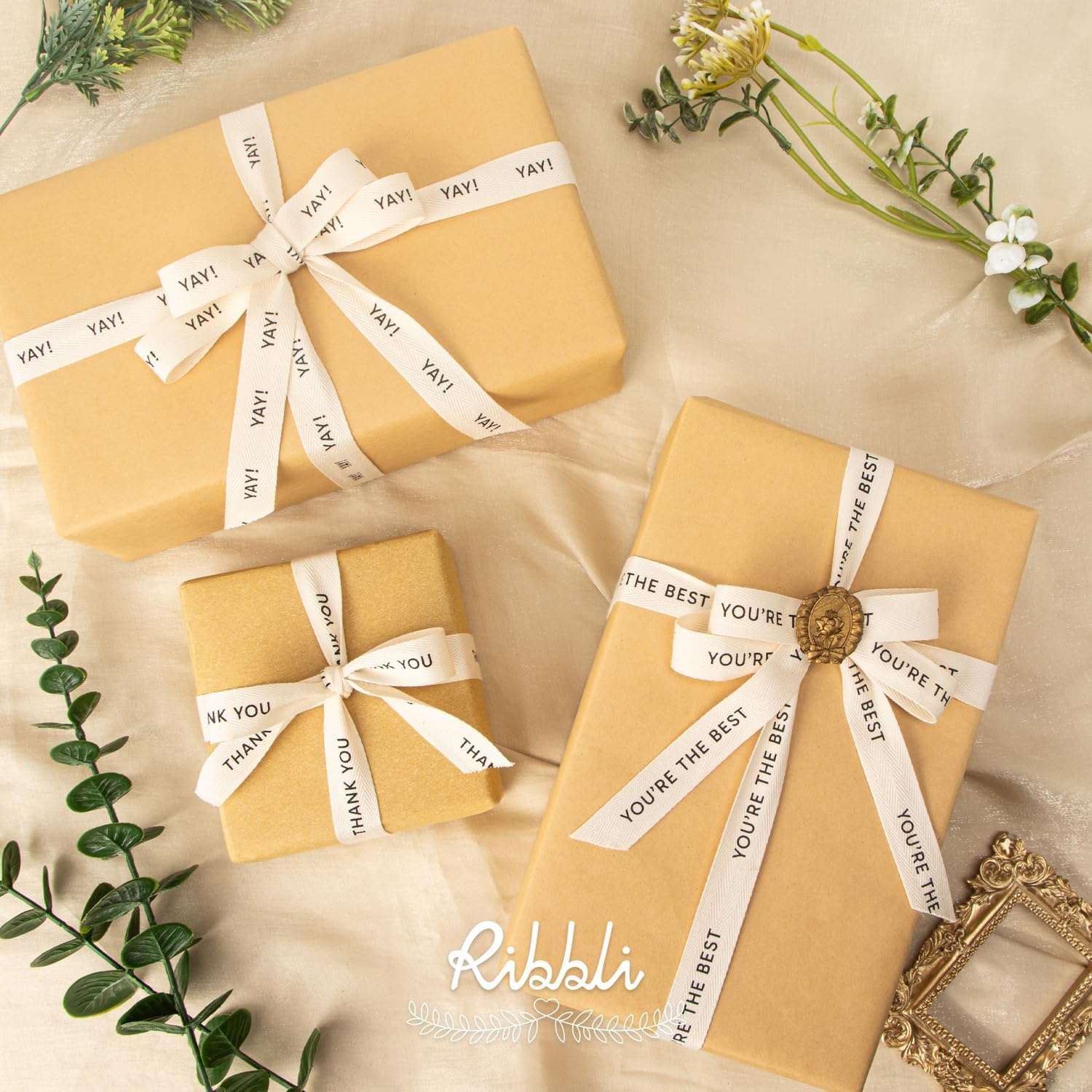 Ribbli Birthday Cotton Ribbon Natural Twill Tape Cotton with Black Happy Birthday Farmhouse Ribbon Use for Gift Wrapping Baking Crafts Home Decor-5/8 Inch x 10 Yard(Thank You)