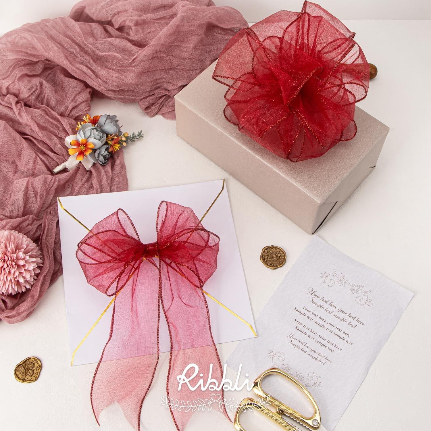 Ribbli Pink Organza Wired Ribbon, Pink Sheer with Metallic Edge,2-1/2 Inch x 20 Yards Christmas Tree Ribbon for Decoration Gift Wrapping Wedding Crafts(Dark Red)