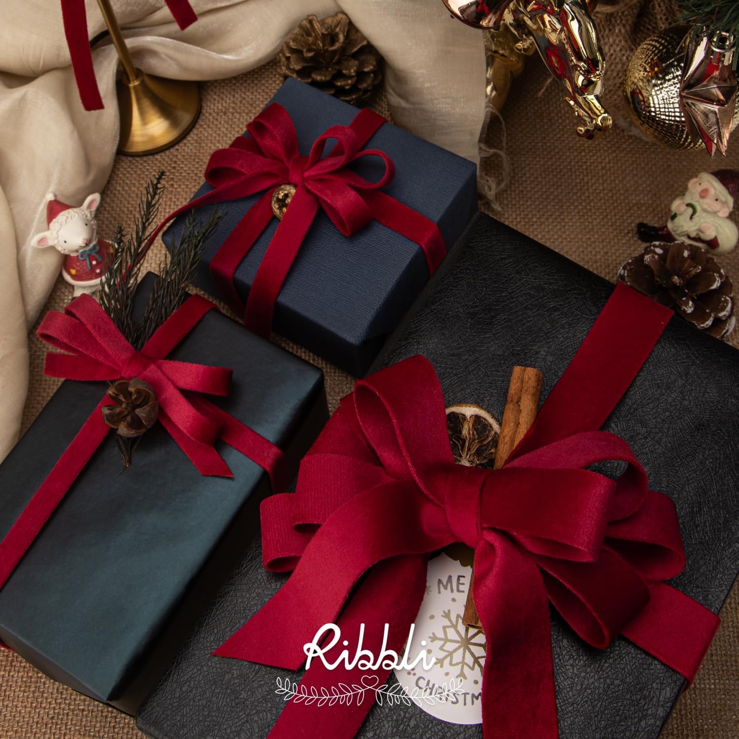 Ribbli Light Dusty Blue Velvet Ribbon Double Faced 1 Inch 10-Yard Spool Light Dusty Blue Ribbon Use for Christmas Tree Ornaments Gift Wrapping Wreath Decoration Wedding Boutonnieres(Vintage Red)