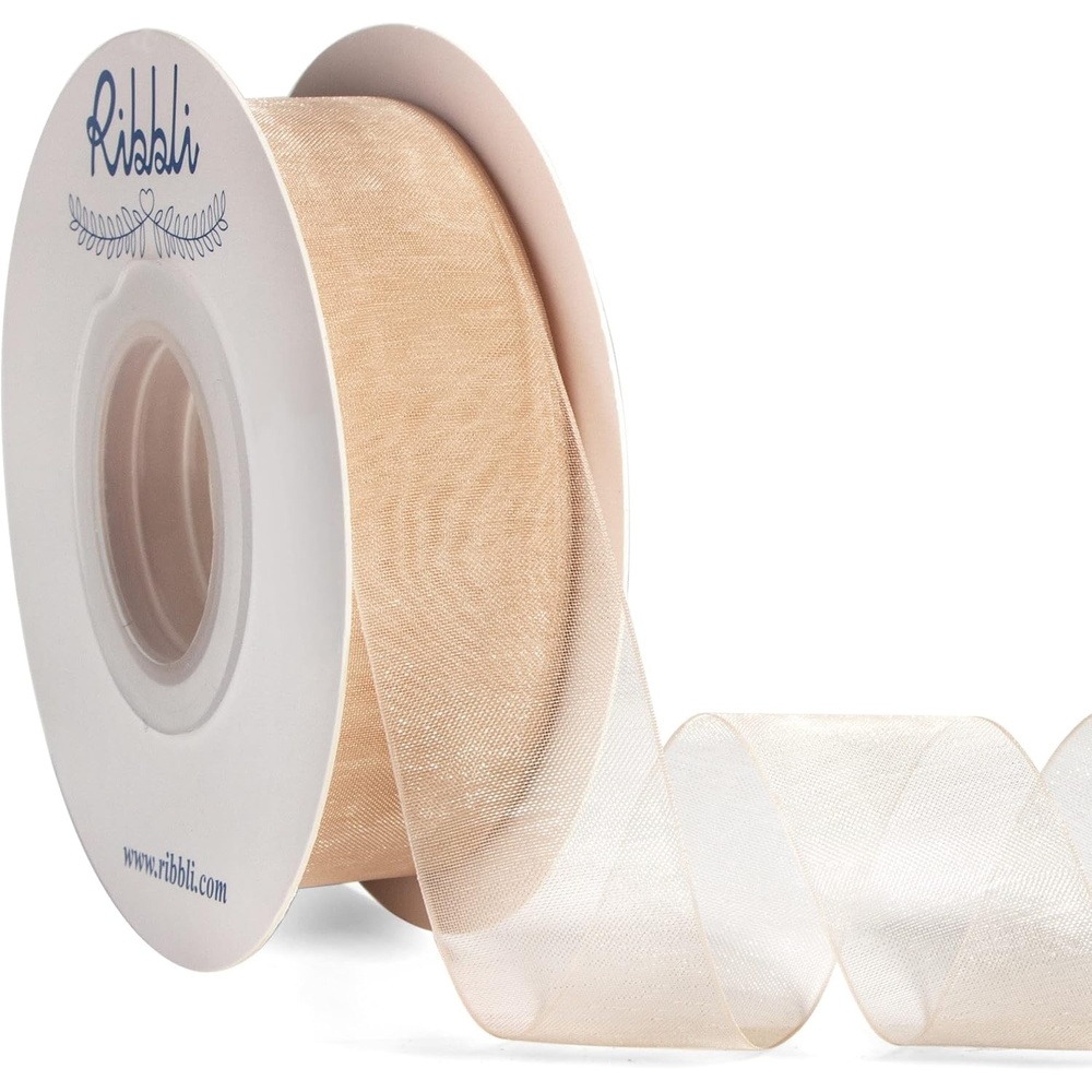 Ribbli Champagne Organza Ribbon,1/2 Inches x Continuous 50 Yard, Champagne Sheer Ribbon for Gift Wrapping,Cookie Wrapping,Wedding Decoration,All Crafting and Sewing(Tan)