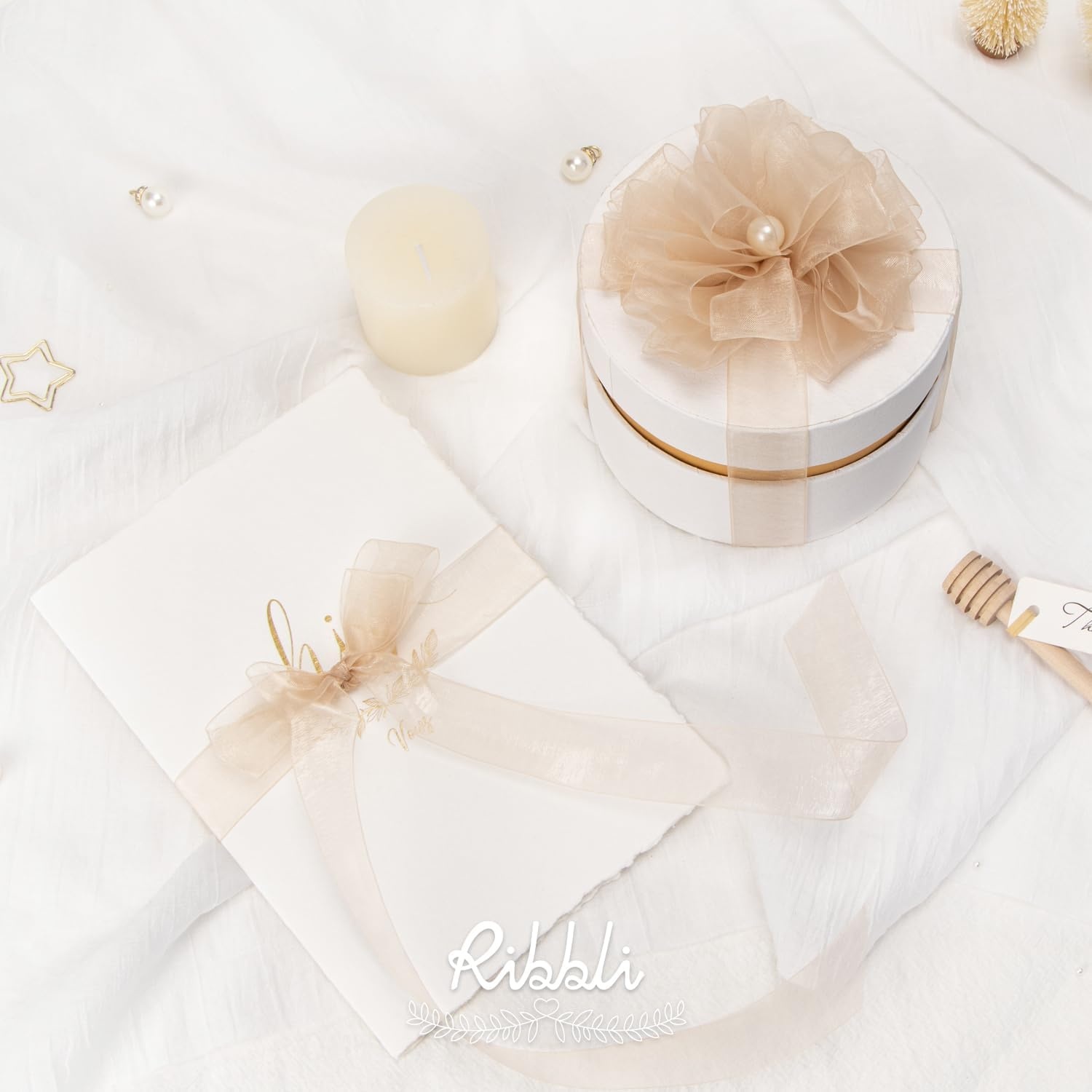 Ribbli Champagne Organza Ribbon,1/2 Inches x Continuous 50 Yard, Champagne Sheer Ribbon for Gift Wrapping,Cookie Wrapping,Wedding Decoration,All Crafting and Sewing(Tan)