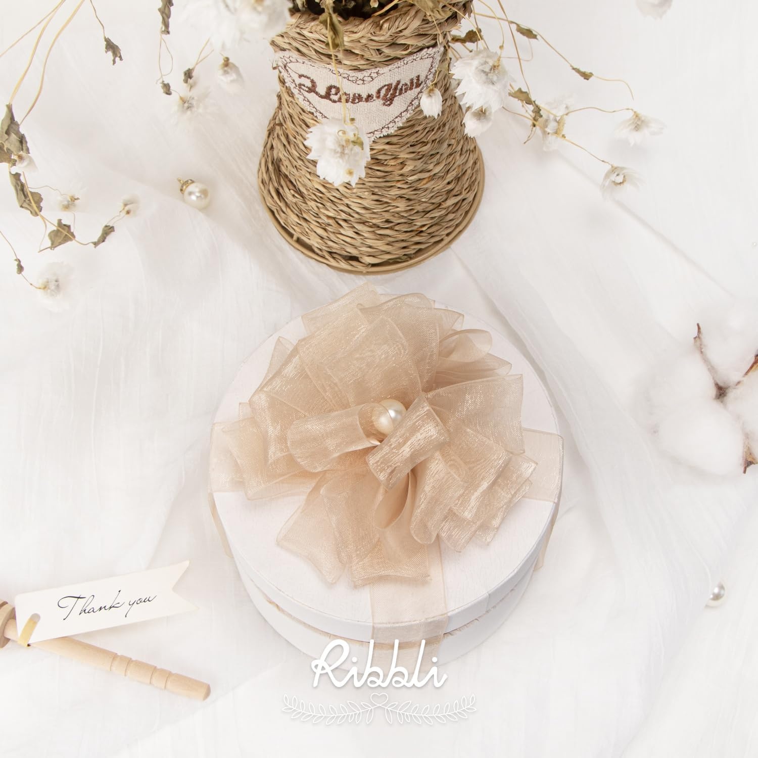 Ribbli Champagne Organza Ribbon,1/2 Inches x Continuous 50 Yard, Champagne Sheer Ribbon for Gift Wrapping,Cookie Wrapping,Wedding Decoration,All Crafting and Sewing(Tan)