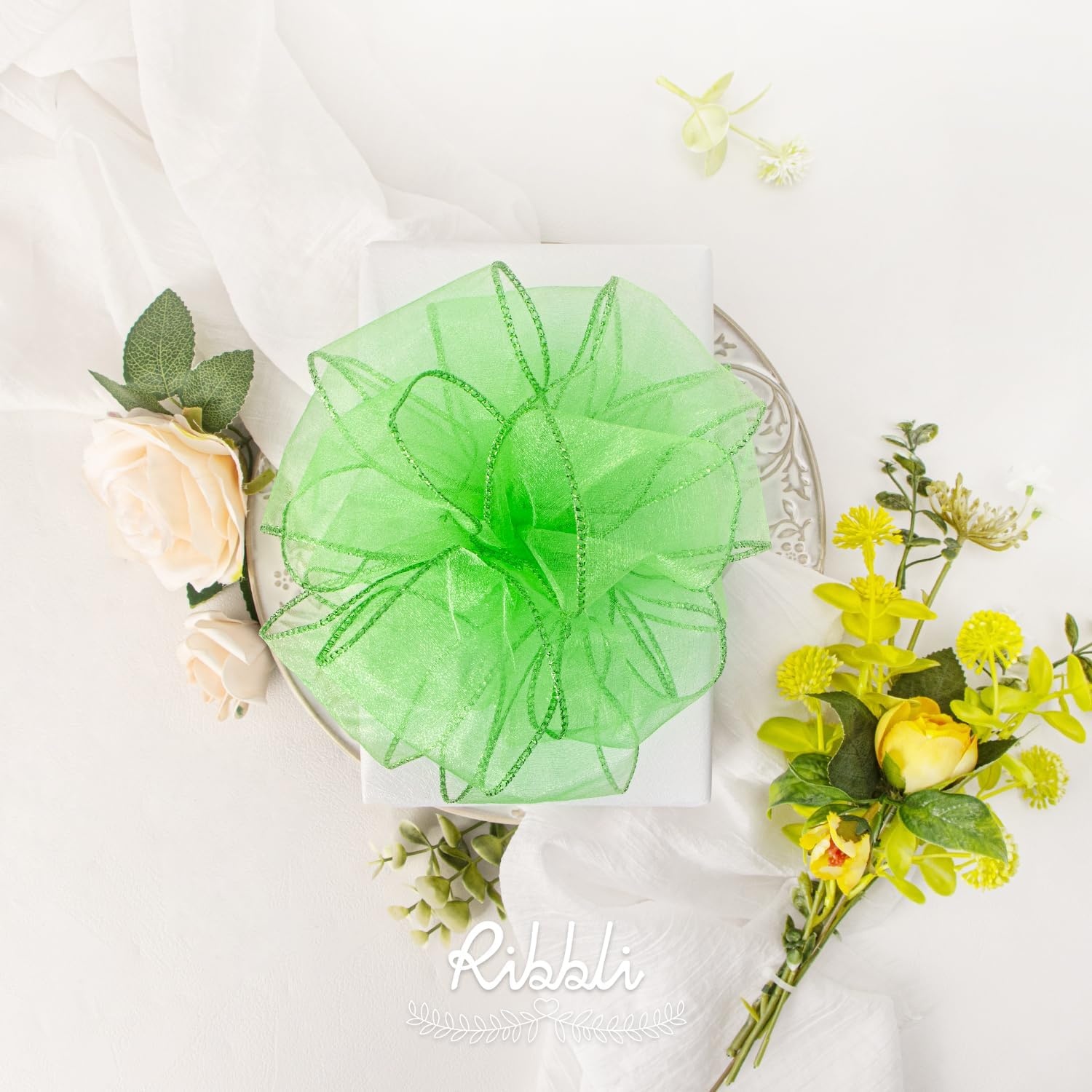 Ribbli Pink Organza Wired Ribbon, Pink Sheer with Metallic Edge,2-1/2 Inch x 20 Yards Christmas Tree Ribbon for Decoration Gift Wrapping Wedding Crafts(Lime Green)