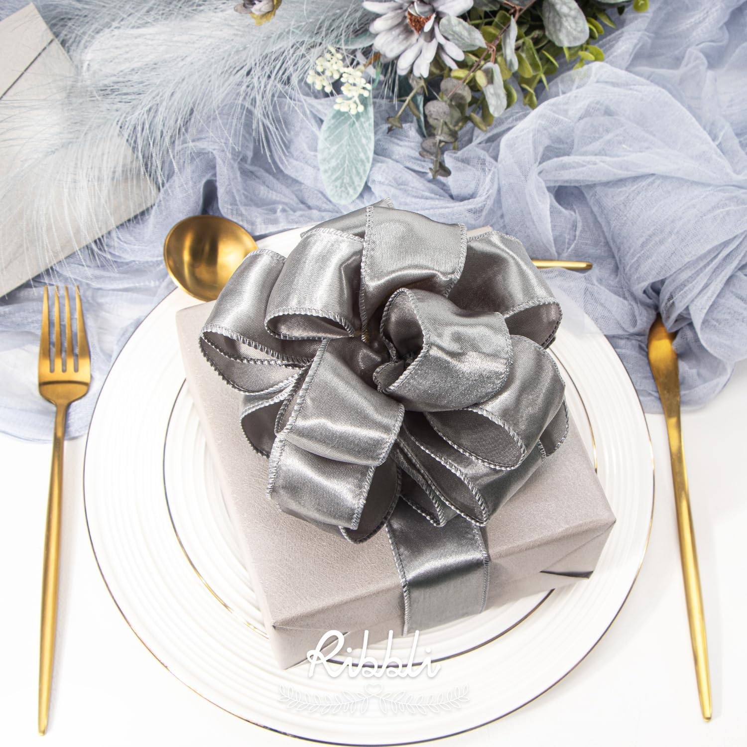 Ribbli Black Satin Wired Ribbon 2.5 Inch Black Christmas Ribbon for Gift Wrapping Wreaths Garland Tree Decoration Crafts Home Decor-Continous 20 Yards(Silver)