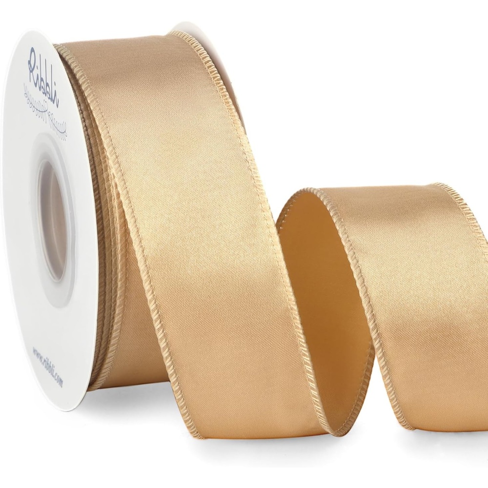Ribbli Black Satin Wired Ribbon 2.5 Inch Black Christmas Ribbon for Gift Wrapping Wreaths Garland Tree Decoration Crafts Home Decor-Continous 20 Yards(Champagne Gold)