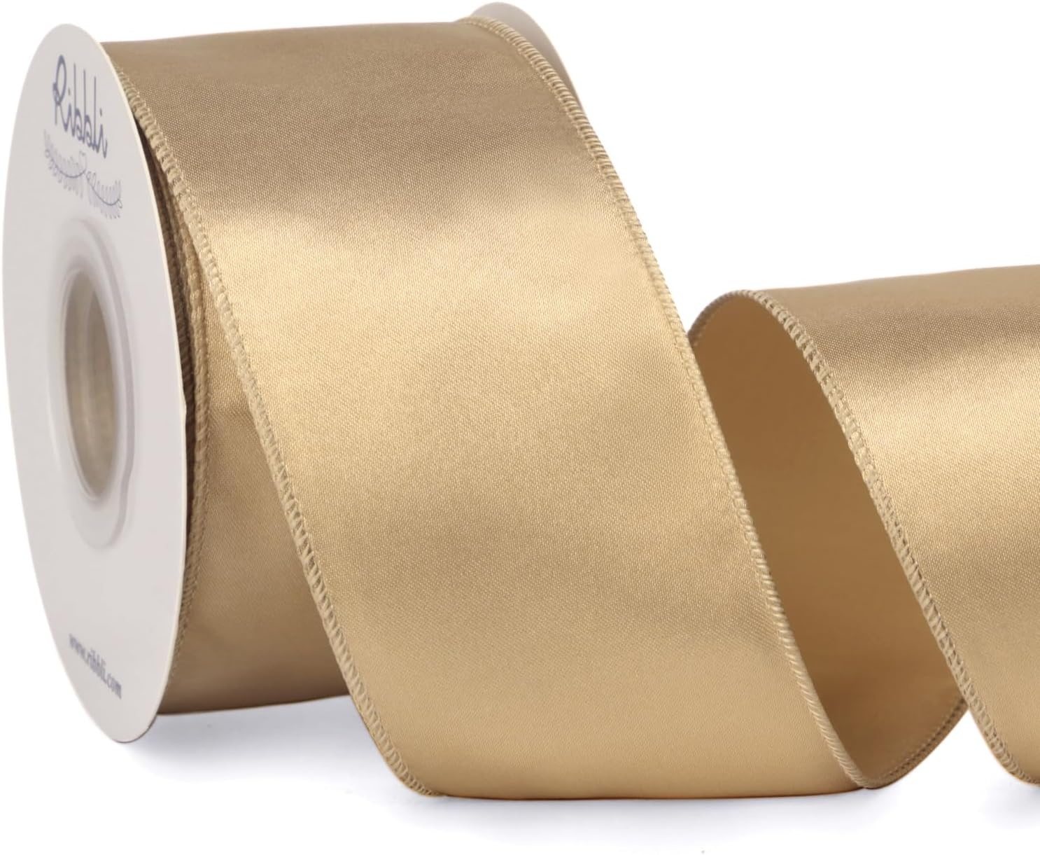 Ribbli Black Satin Wired Ribbon 2.5 Inch Black Christmas Ribbon for Gift Wrapping Wreaths Garland Tree Decoration Crafts Home Decor-Continous 20 Yards(Champagne Gold)
