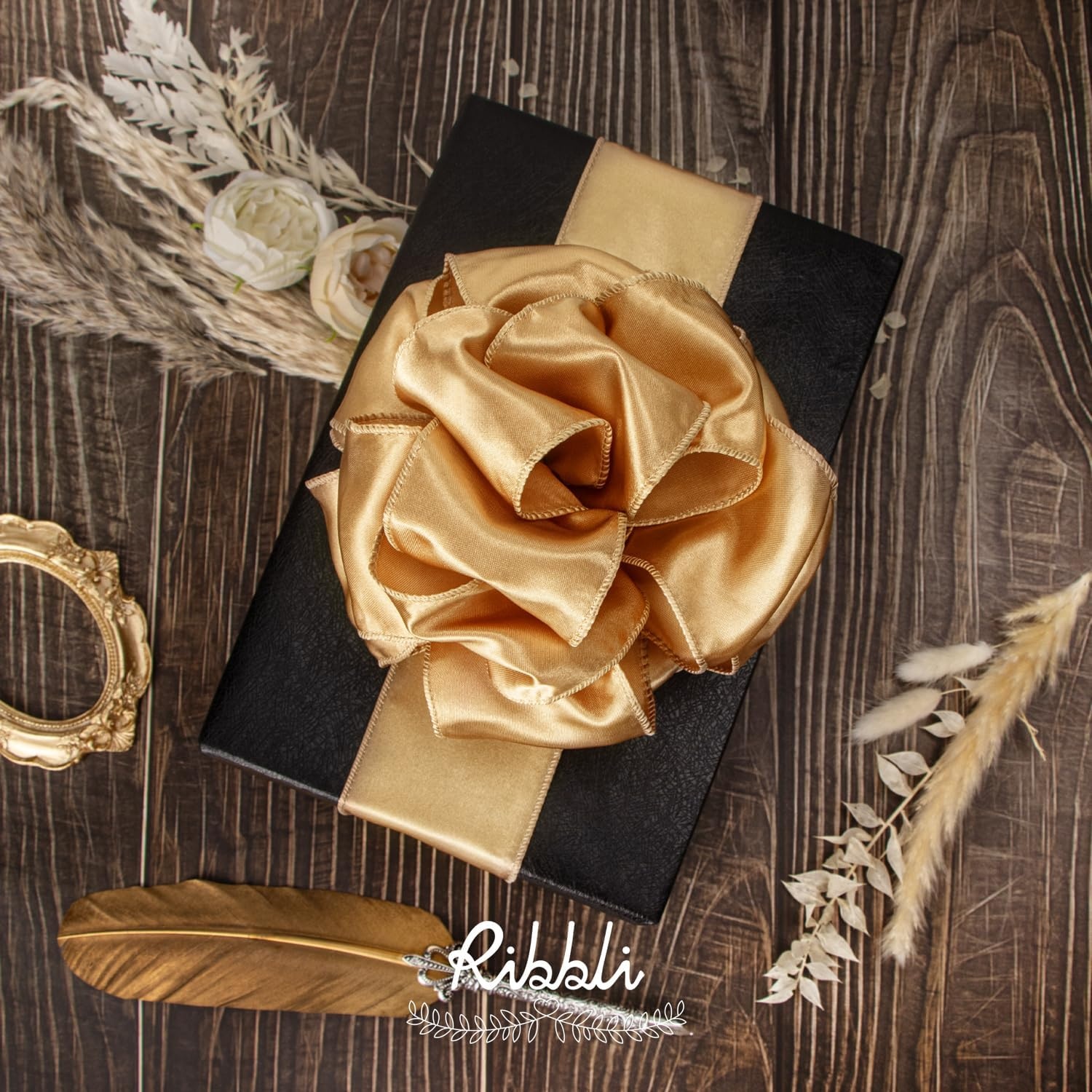 Ribbli Black Satin Wired Ribbon 2.5 Inch Black Christmas Ribbon for Gift Wrapping Wreaths Garland Tree Decoration Crafts Home Decor-Continous 20 Yards(Champagne Gold)
