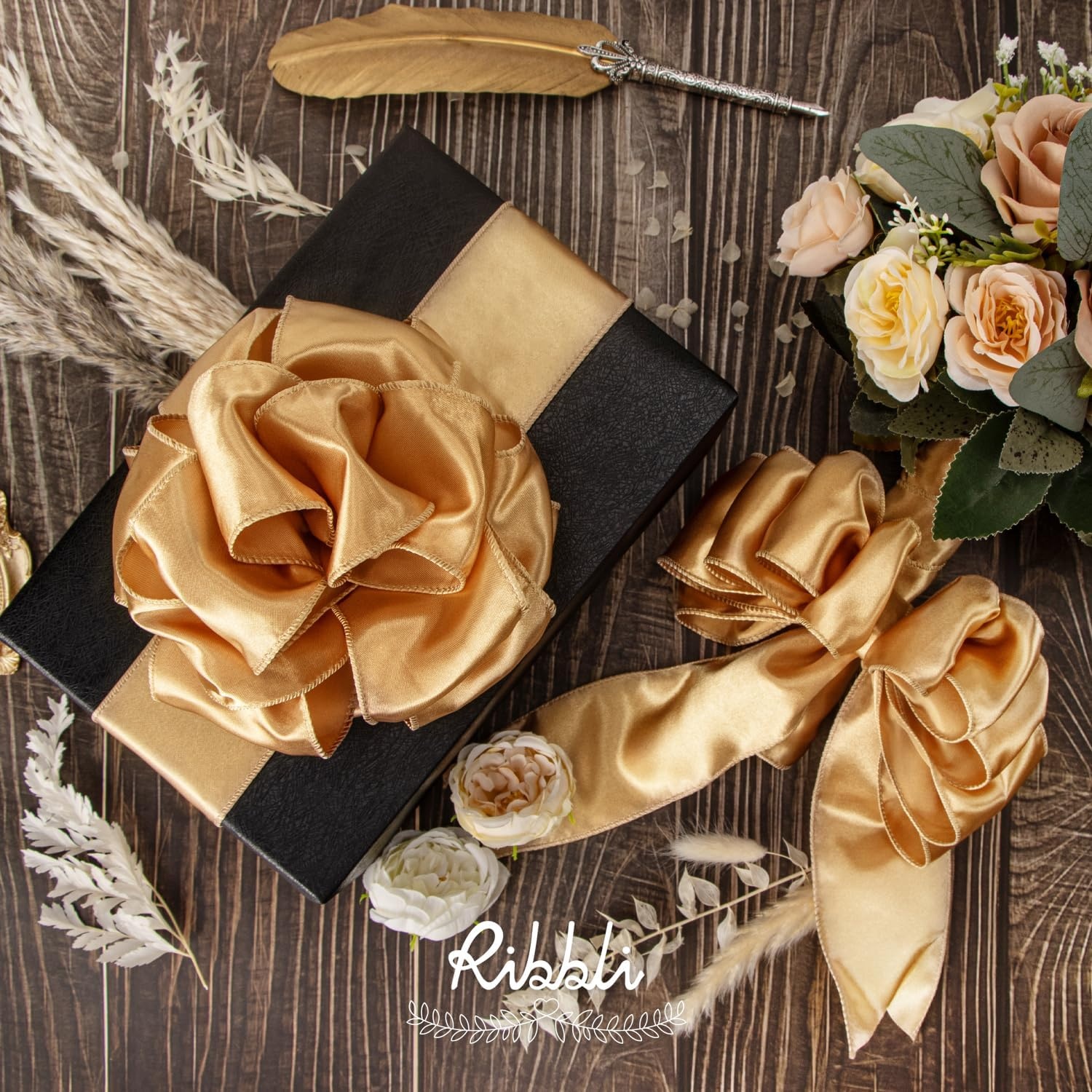 Ribbli Black Satin Wired Ribbon 2.5 Inch Black Christmas Ribbon for Gift Wrapping Wreaths Garland Tree Decoration Crafts Home Decor-Continous 20 Yards(Champagne Gold)
