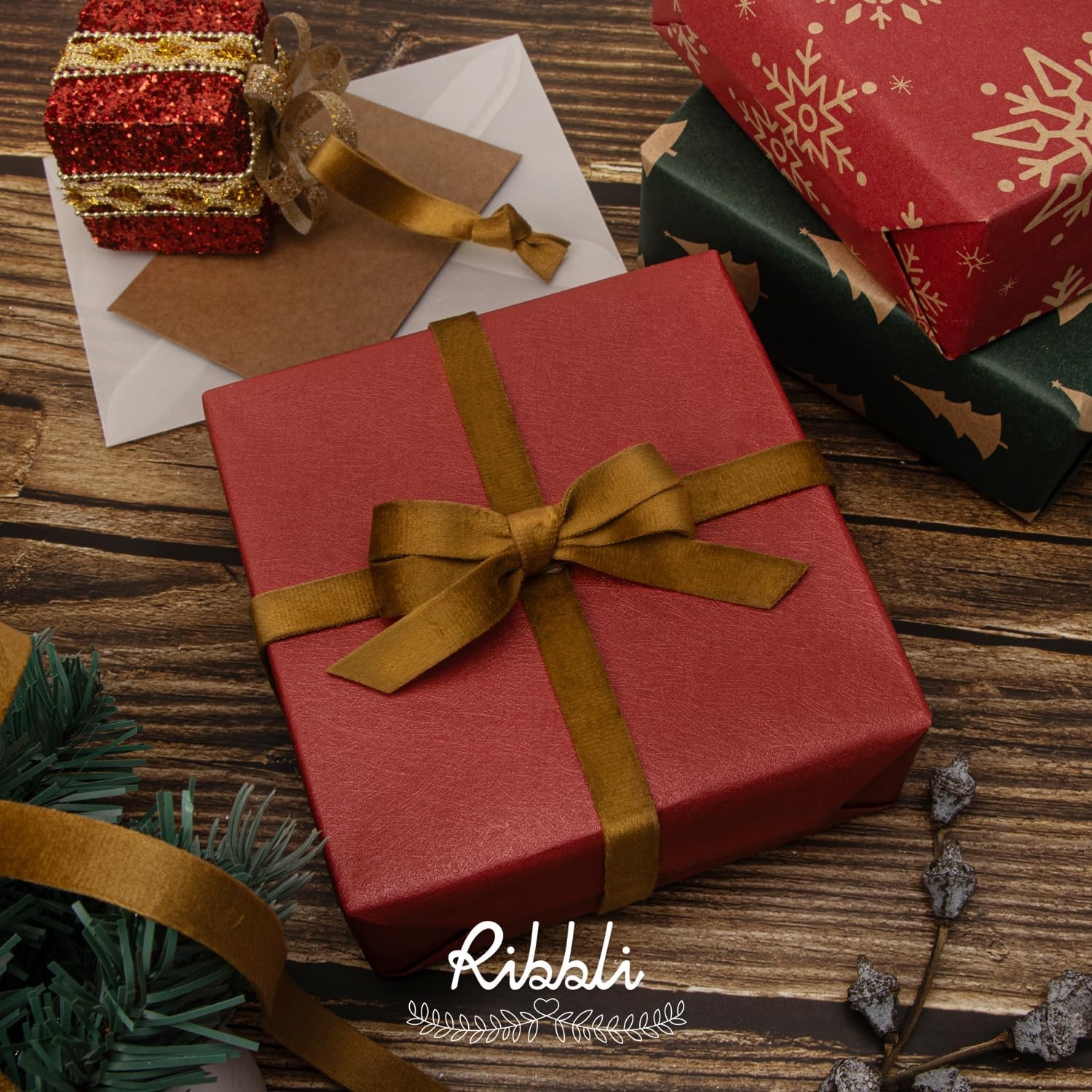 Ribbli Light Dusty Blue Velvet Ribbon Double Faced 1 Inch 10-Yard Spool Light Dusty Blue Ribbon Use for Christmas Tree Ornaments Gift Wrapping Wreath Decoration Wedding Boutonnieres(Antique Gold)
