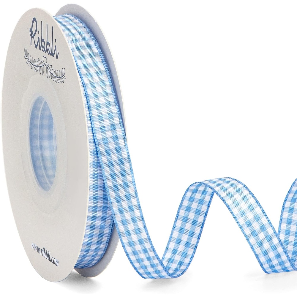Ribbli Black and White Gingham Ribbon,3/8 Inches x Continuous 25 Yards,100% Polyester Woven Edge,Plaid Ribbon,Check Ribbon,Buffalo Checked (Black 1)(Light Blue/White)