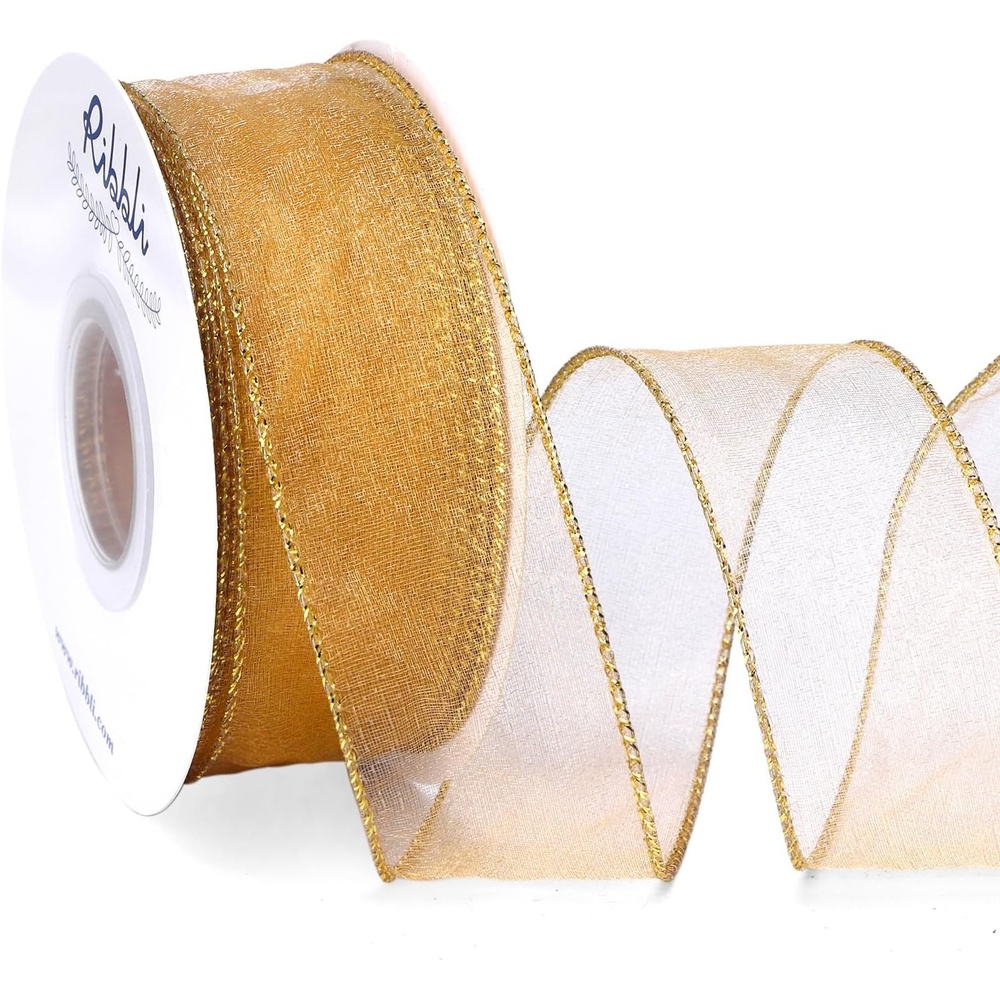 Ribbli Blue Organza Wired Ribbon, Baby Blue Sheer with Metallic Edge,2-1/2 Inch x 20 Yards Christmas Tree Ribbon for Decoration Gift Wrapping Wedding Crafts(Gold)