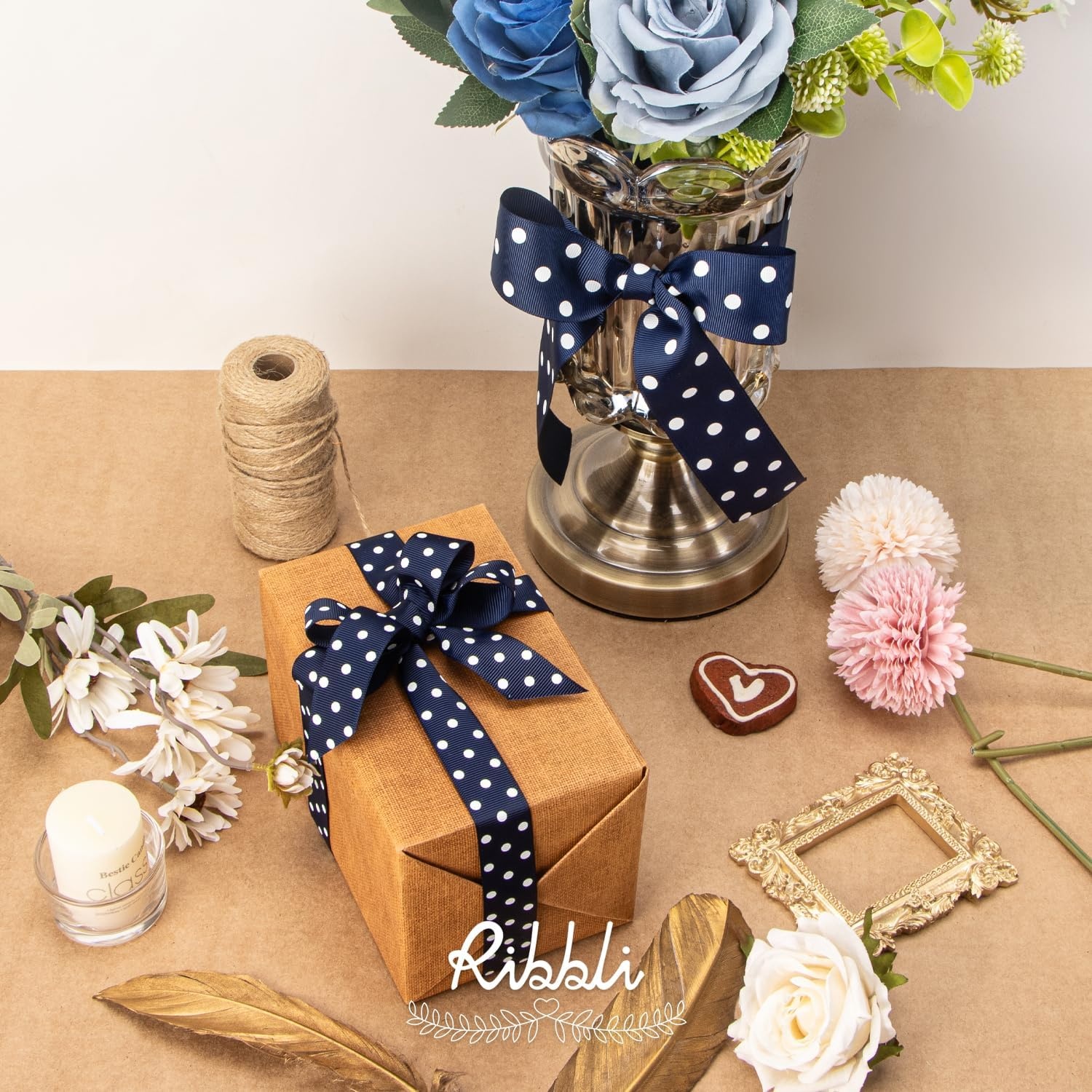 Ribbli Grosgrain Polka Dot Craft Ribbon,1-1/2 Inch,10-Yard Spool,Apple Green with White Dots,Use for Hair Bows,Gift Wrapping,All Crafting and Sewing(Navy/White)