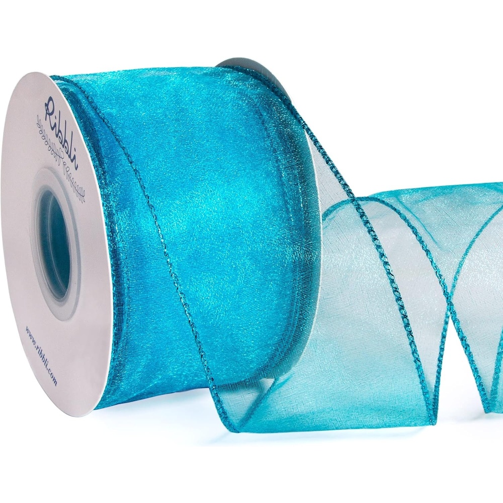 Ribbli Blue Organza Wired Ribbon, Baby Blue Sheer with Metallic Edge,2-1/2 Inch x 20 Yards Christmas Tree Ribbon for Decoration Gift Wrapping Wedding Crafts(Turquoise)