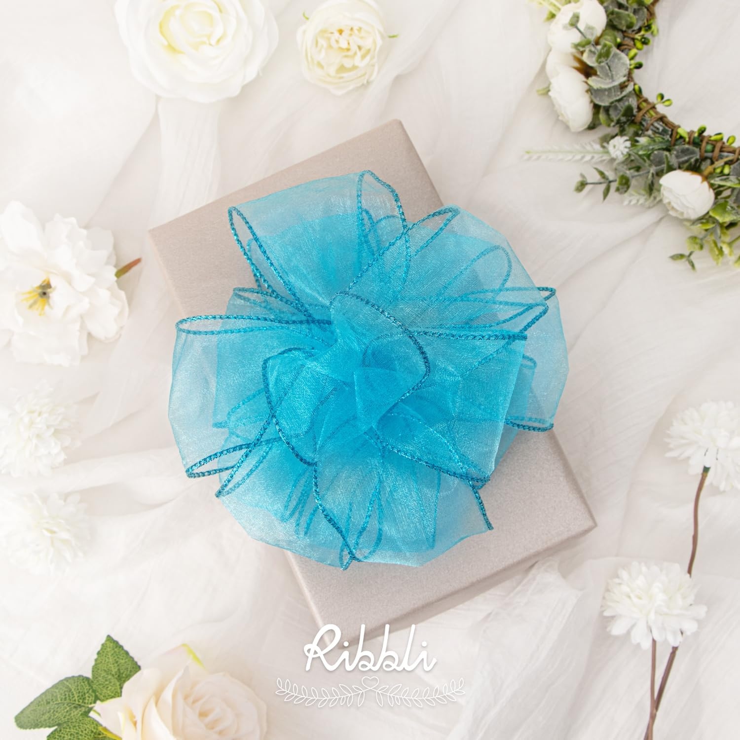 Ribbli Blue Organza Wired Ribbon, Baby Blue Sheer with Metallic Edge,2-1/2 Inch x 20 Yards Christmas Tree Ribbon for Decoration Gift Wrapping Wedding Crafts(Turquoise)