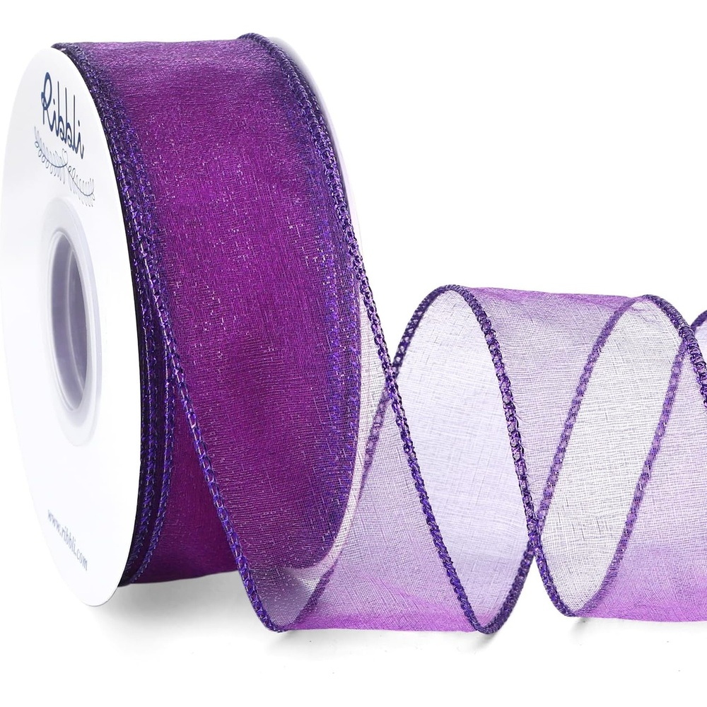 Ribbli Pink Organza Wired Ribbon, Pink Sheer with Metallic Edge,2-1/2 Inch x 20 Yards Christmas Tree Ribbon for Decoration Gift Wrapping Wedding Crafts(Purple)