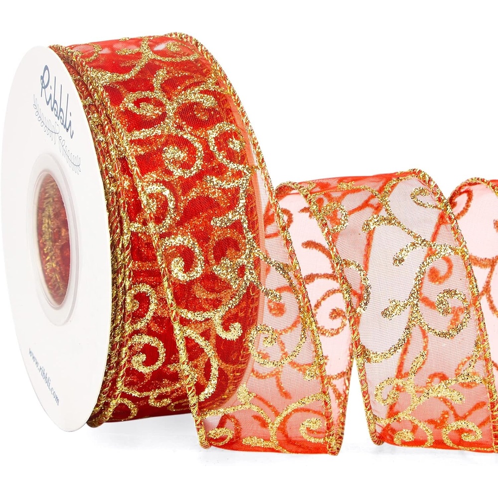 Ribbli Swirl Glitter Wired Ribbon, Red Gold Organza Sheer Ribbon with Gold Glitter Swirl Pattern,1-1/2 Inch x 20Yards Christmas Ribbon for Crafts,Wreaths,Gift Wrapping