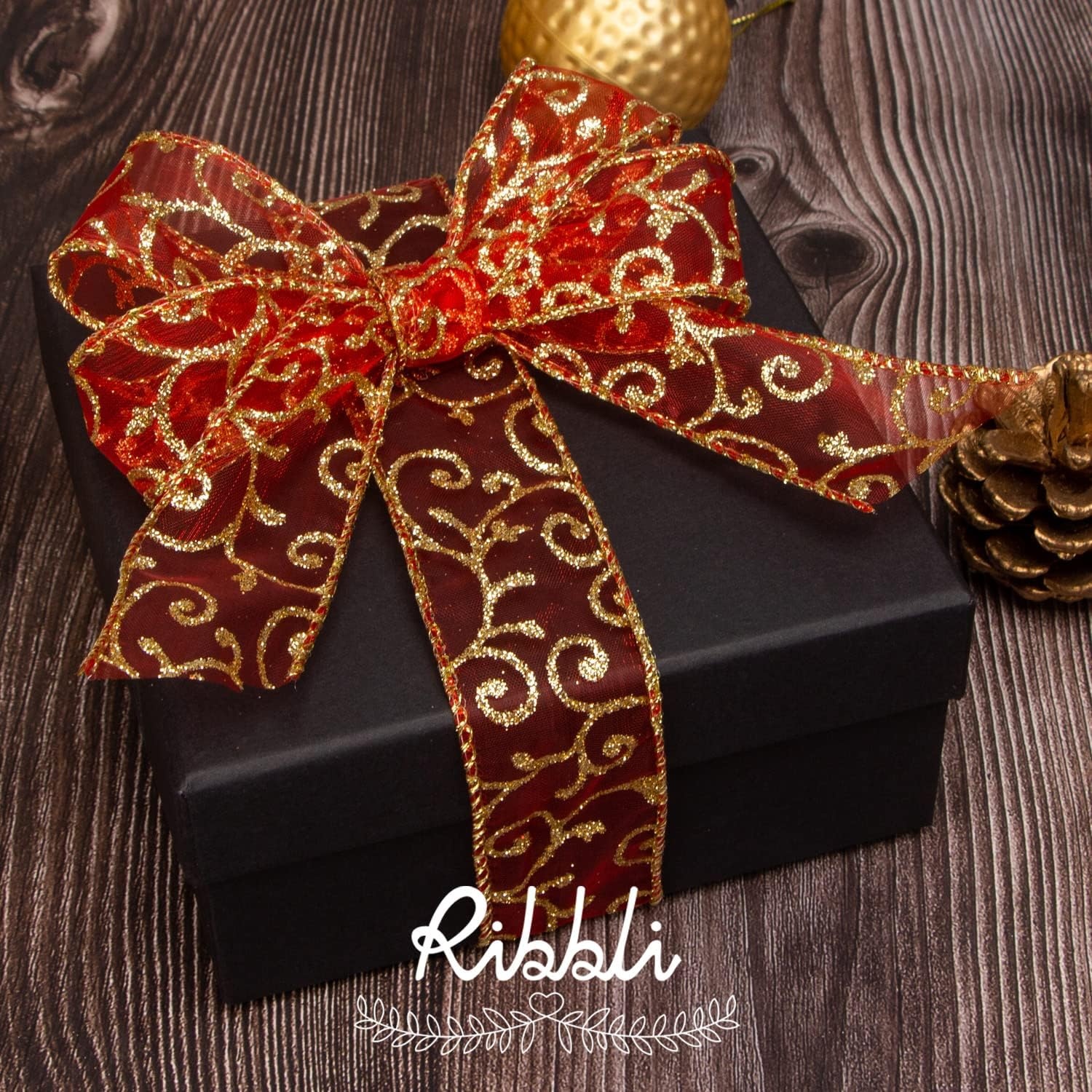 Ribbli Swirl Glitter Wired Ribbon, Red Gold Organza Sheer Ribbon with Gold Glitter Swirl Pattern,1-1/2 Inch x 20Yards Christmas Ribbon for Crafts,Wreaths,Gift Wrapping
