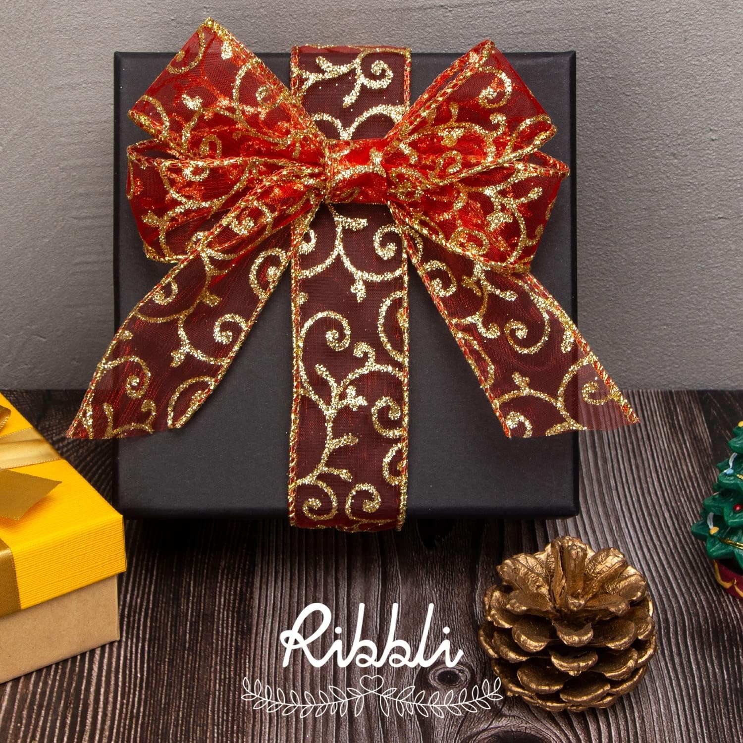 Ribbli Swirl Glitter Wired Ribbon, Red Gold Organza Sheer Ribbon with Gold Glitter Swirl Pattern,1-1/2 Inch x 20Yards Christmas Ribbon for Crafts,Wreaths,Gift Wrapping