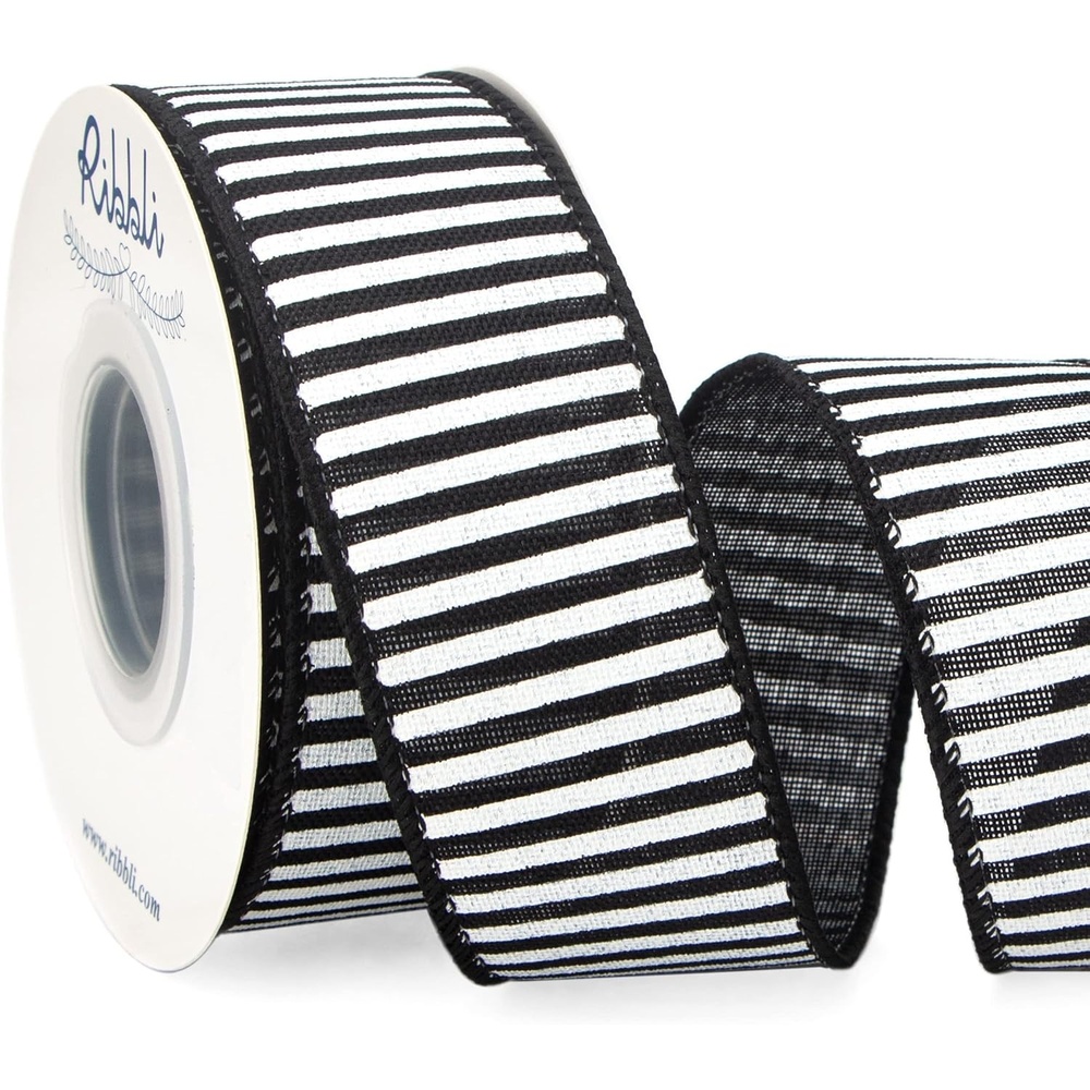 Ribbli Black and White Stripe Wired Ribbon, 1-1/2 Inch x 10 Yard, Narrow Striped Burlap Ribbon for Craft, Wreath,Christmas Tree Decoration, Outdoor Decoration(Black/White)