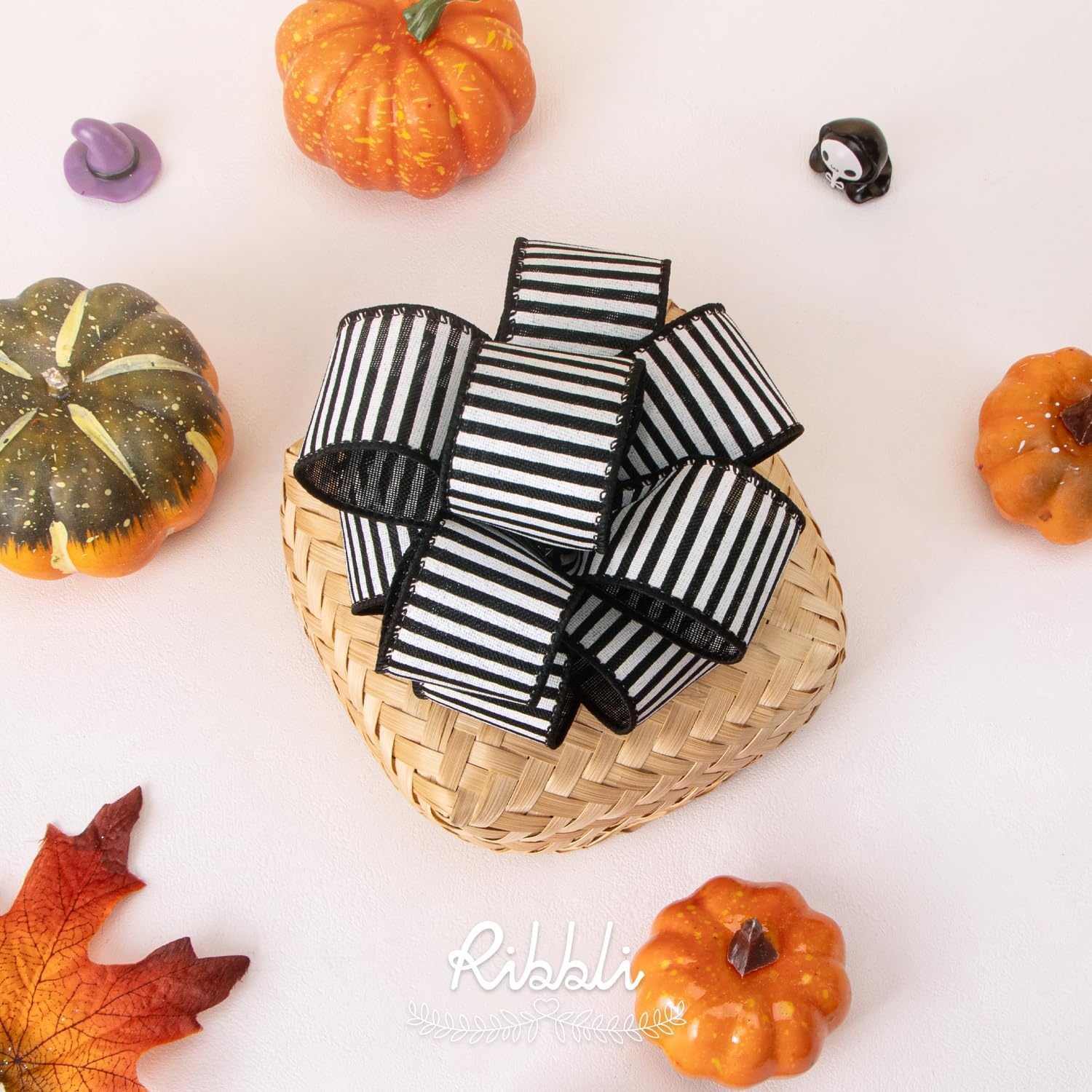 Ribbli Black and White Stripe Wired Ribbon, 1-1/2 Inch x 10 Yard, Narrow Striped Burlap Ribbon for Craft, Wreath,Christmas Tree Decoration, Outdoor Decoration(Black/White)